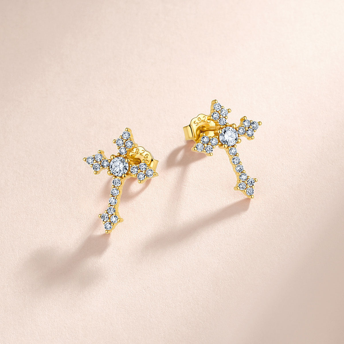 Pavé Moissanite Cross Stud Earrings - Gold