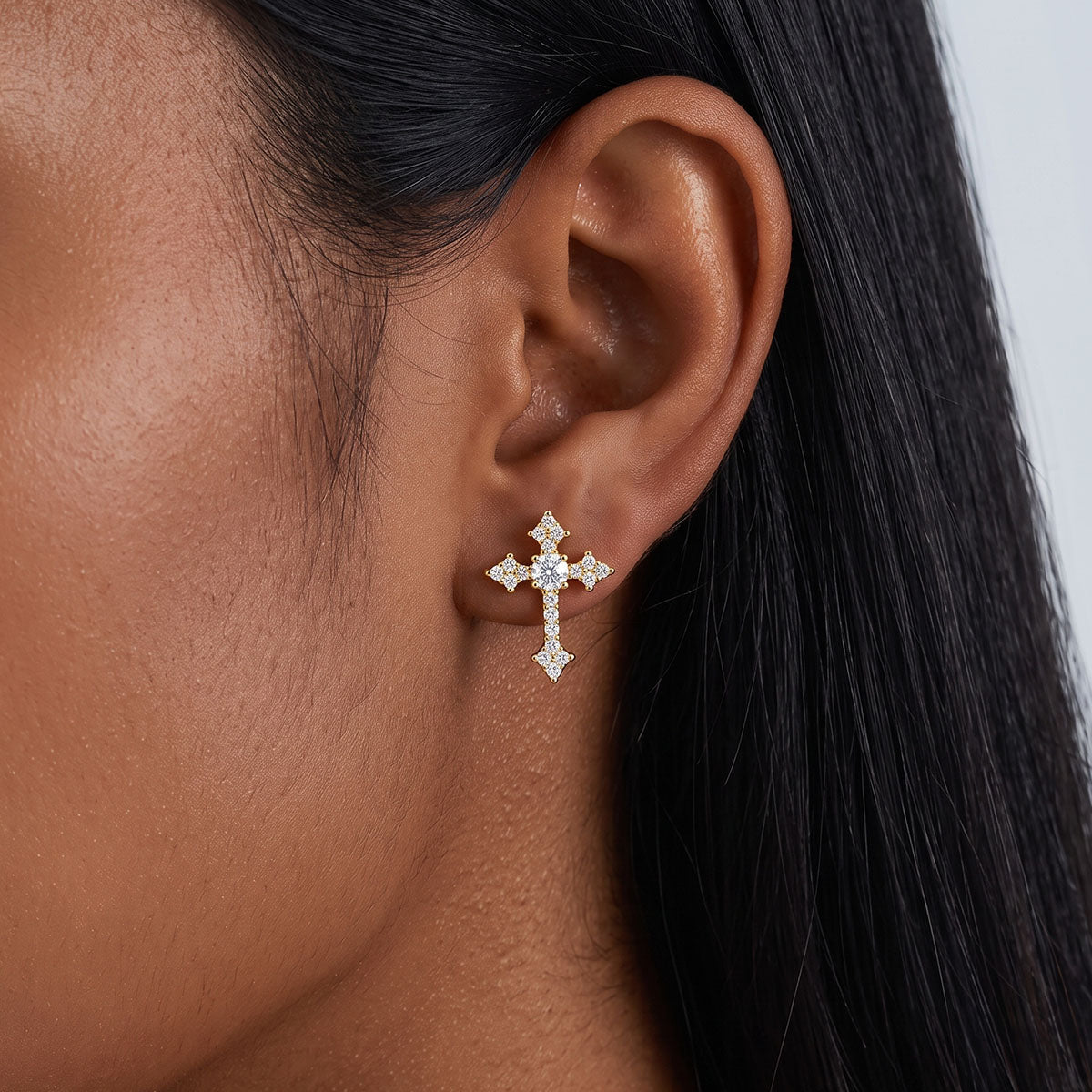 Pavé Moissanite Cross Stud Earrings - Gold