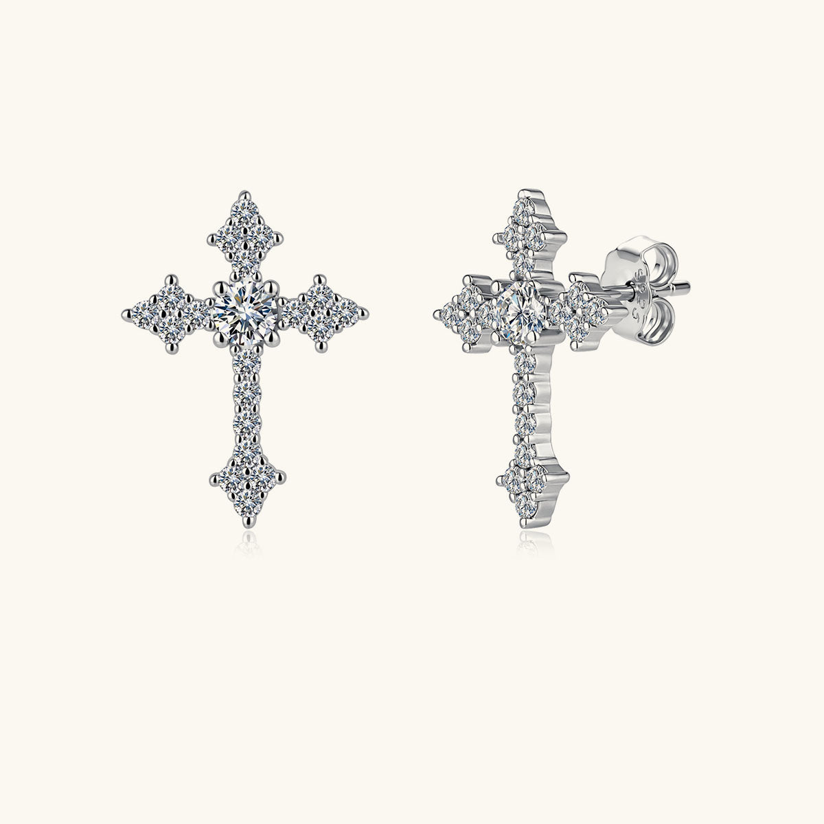 Pavé Moissanite Cross Stud Earrings - Silver