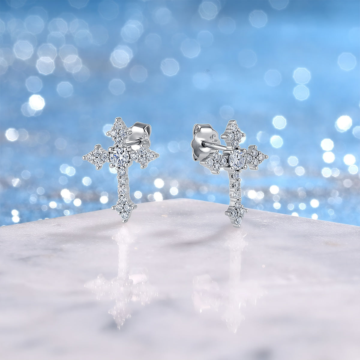 Pavé Moissanite Cross Stud Earrings - Silver