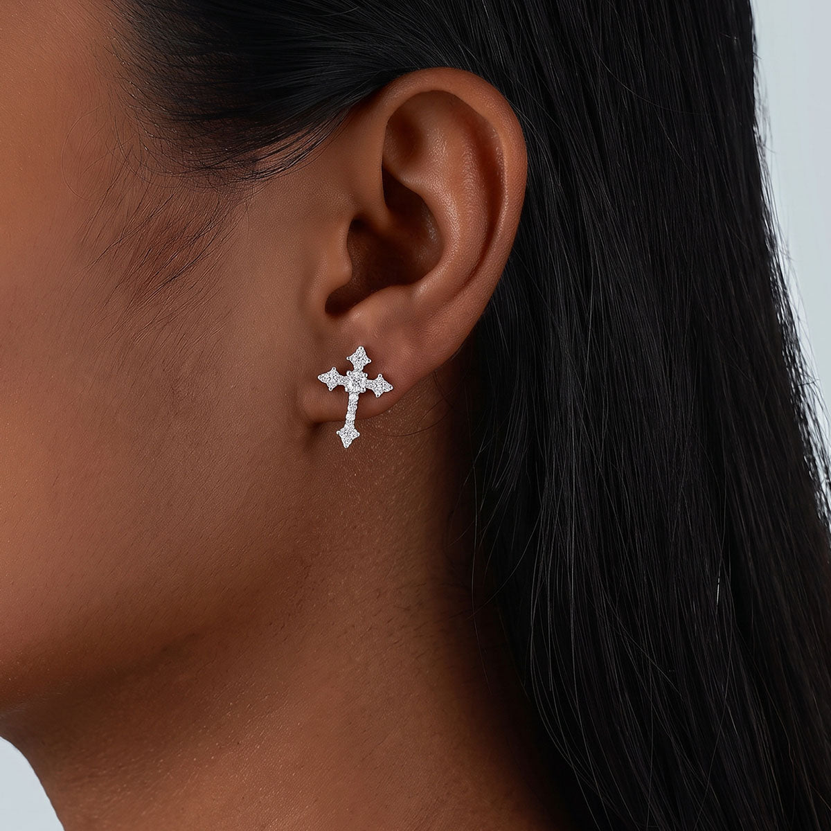 Pavé Moissanite Cross Stud Earrings - Silver