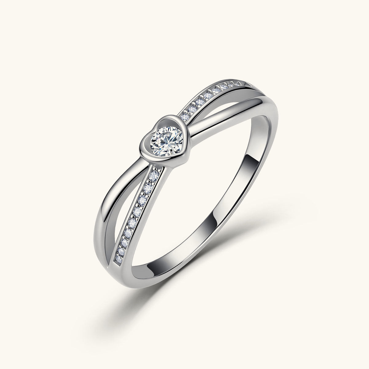 Pavé Moissanite Heart Split Shank Ring - Silver