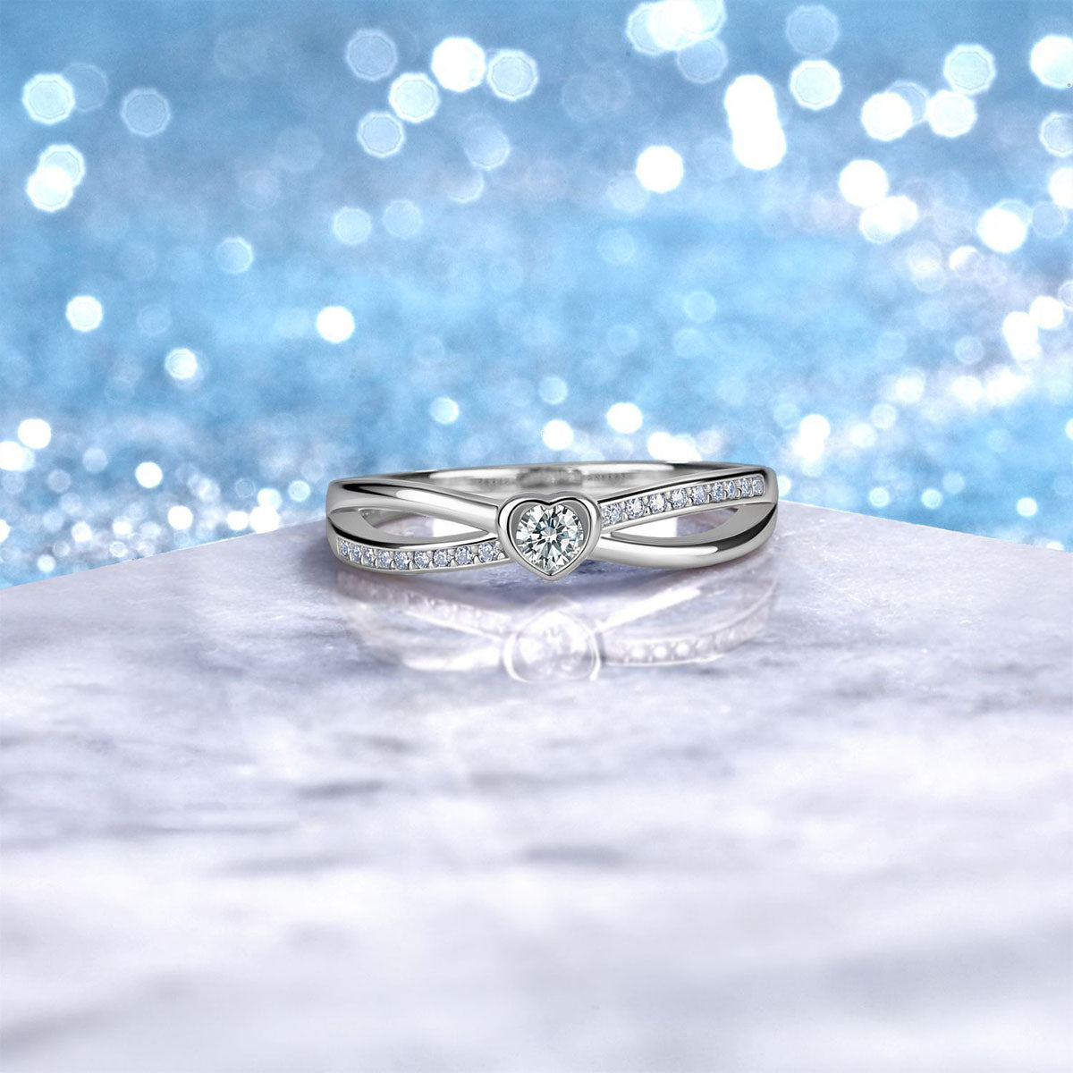 Pavé Moissanite Heart Split Shank Ring - Silver