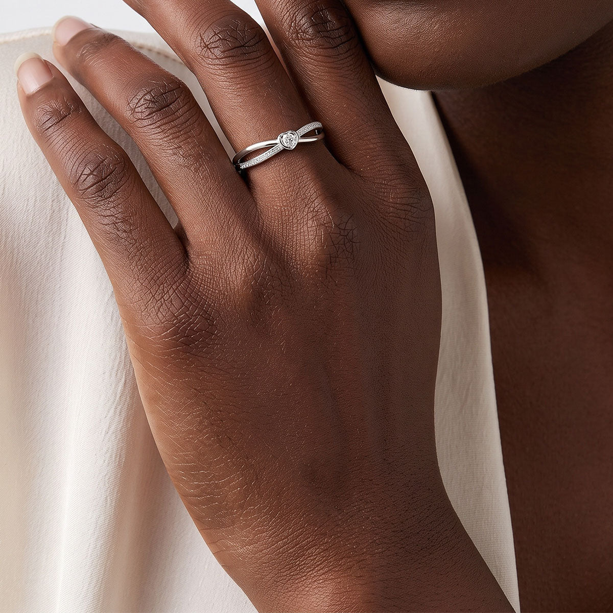 Pavé Moissanite Heart Split Shank Ring - Silver
