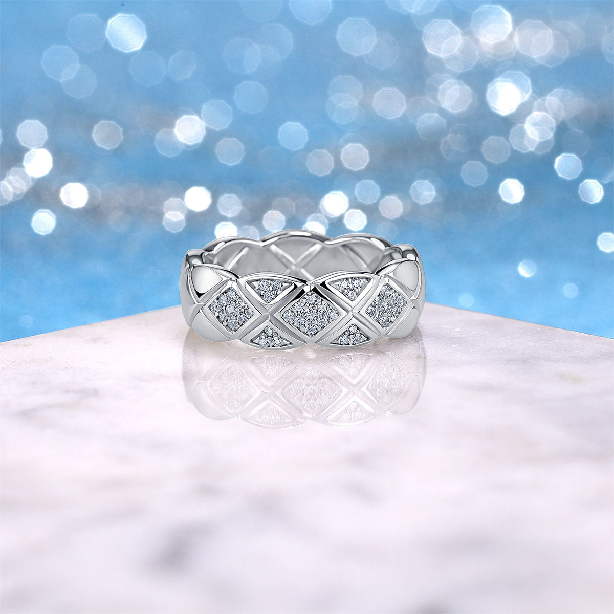Pavé Moissanite Lattice Wide Band Ring - Silver