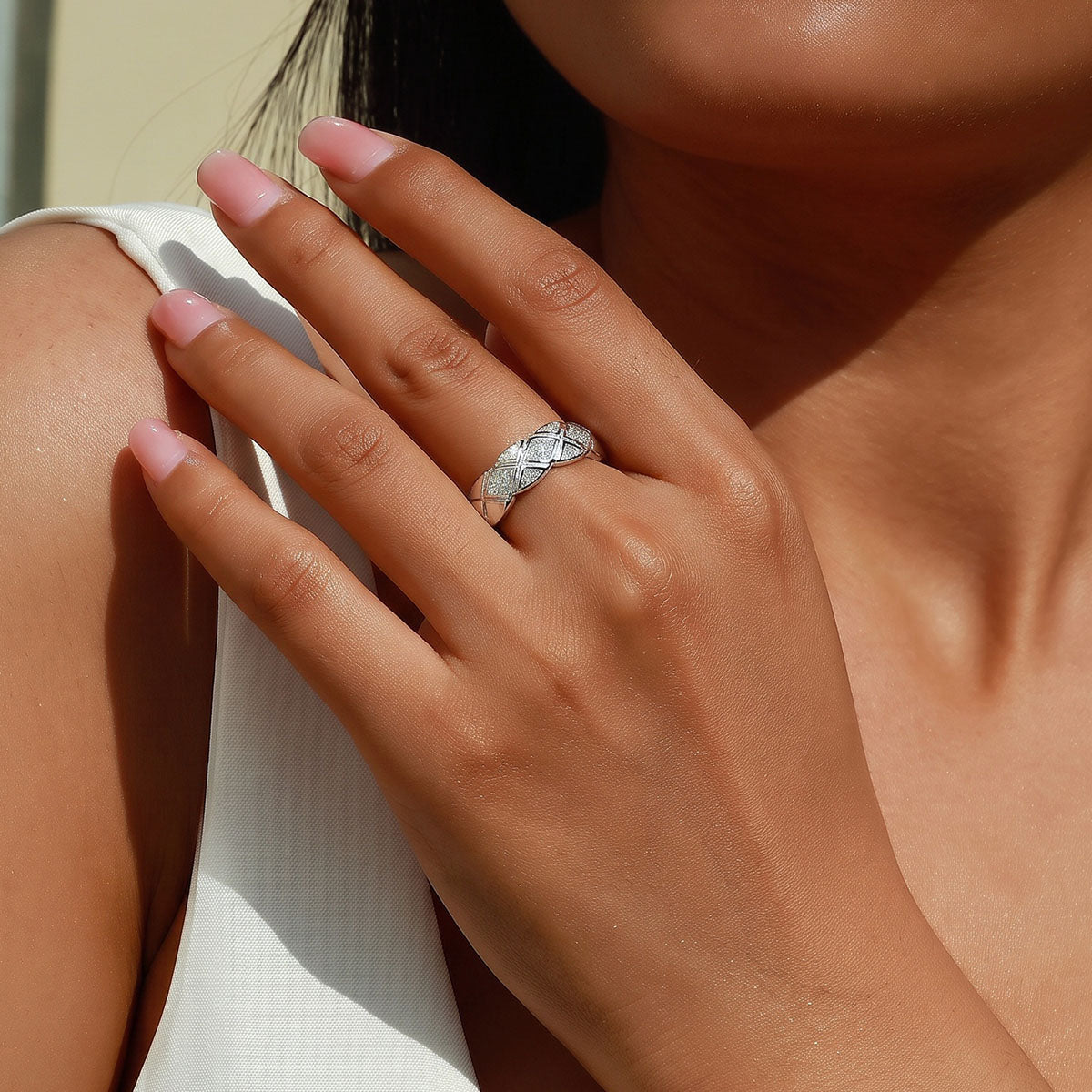 Pavé Moissanite Lattice Wide Band Ring - Silver