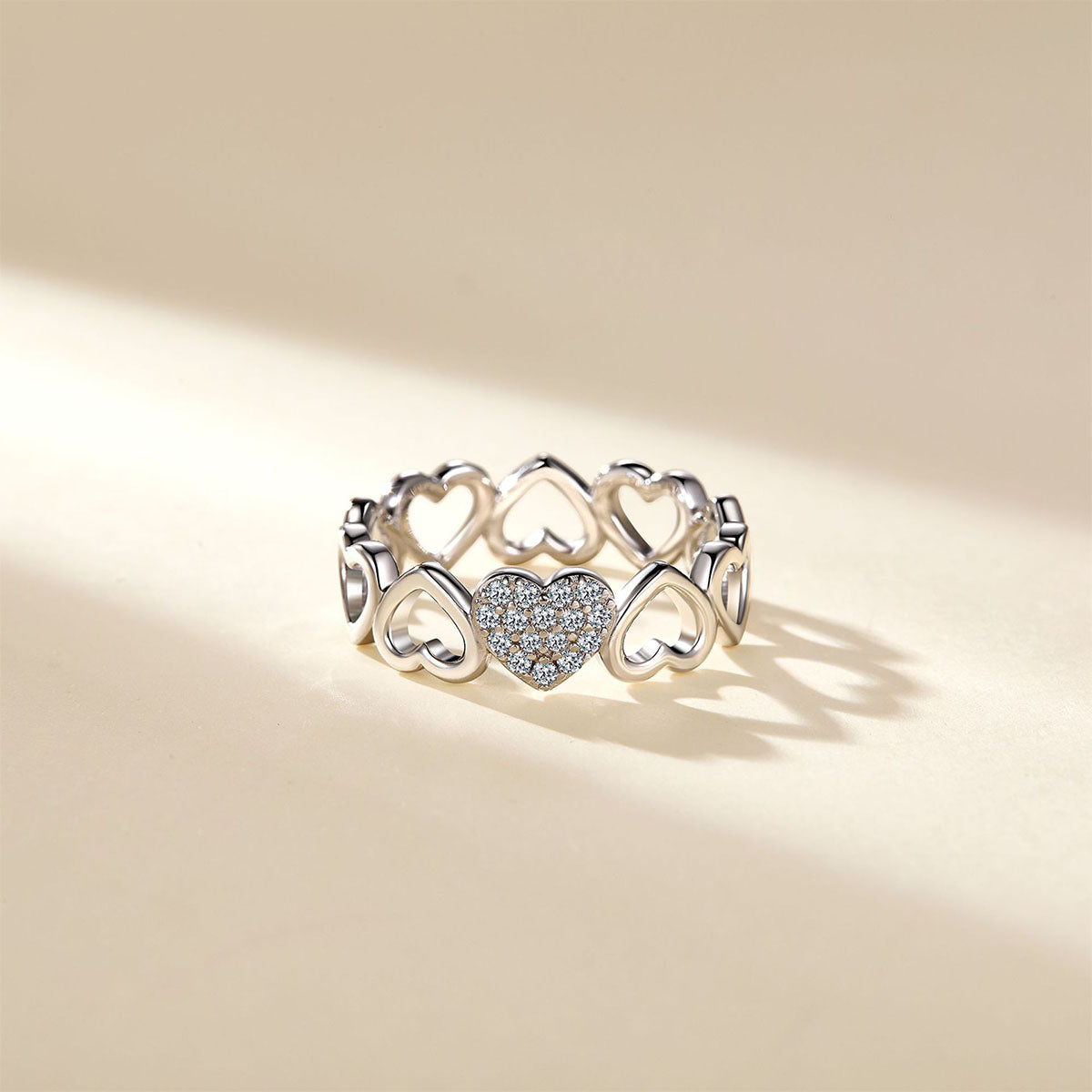 Pavé Moissanite Open Heart Band Ring - Silver
