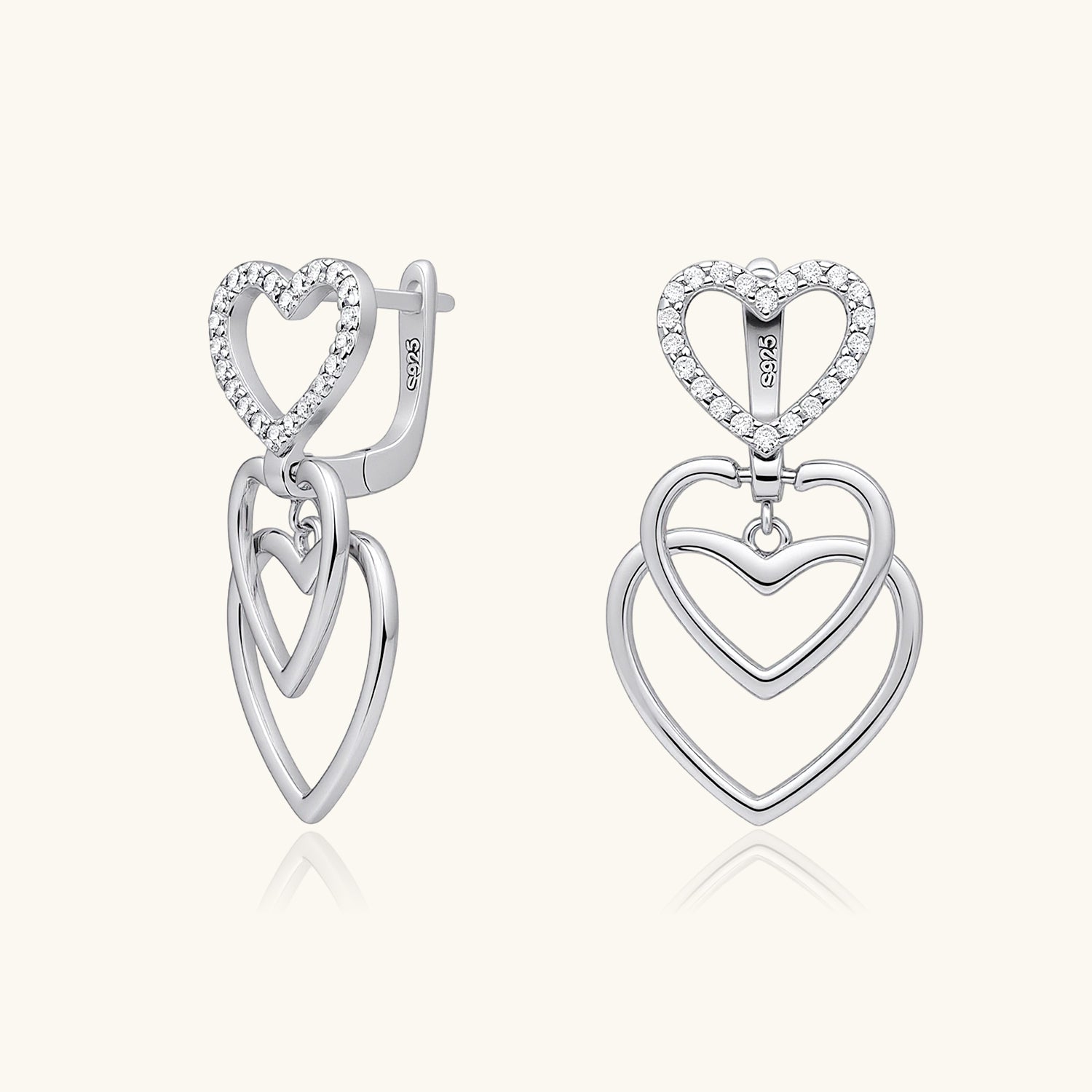 Pavé Trio Heart Huggie Hoop Earrings - Silver