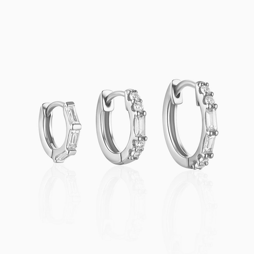 Pave 3 Piece Diamond Huggie Hoop Earring Bundles - Silver