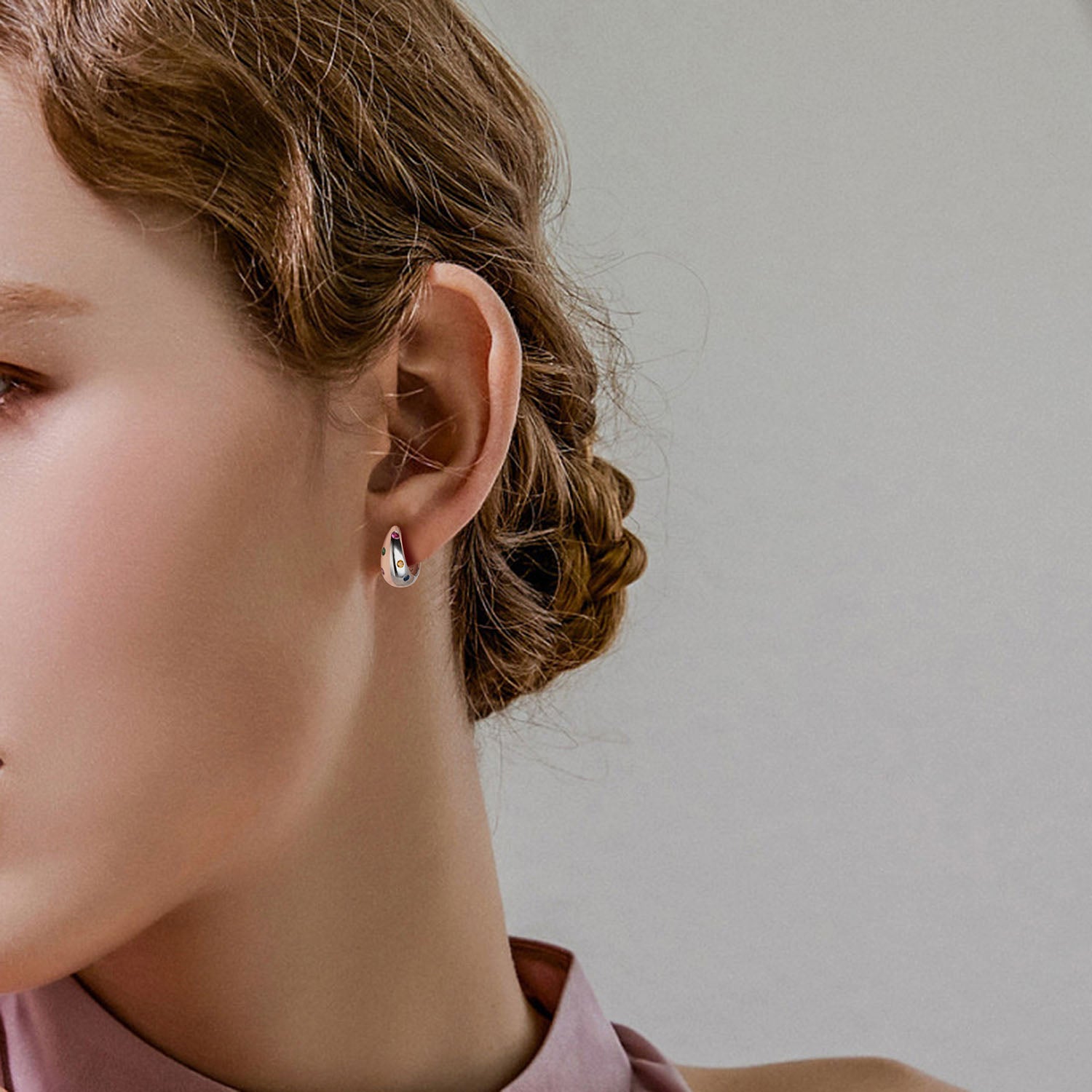 Pave Chunky Dome Huggie Hoop Earrings - Silver