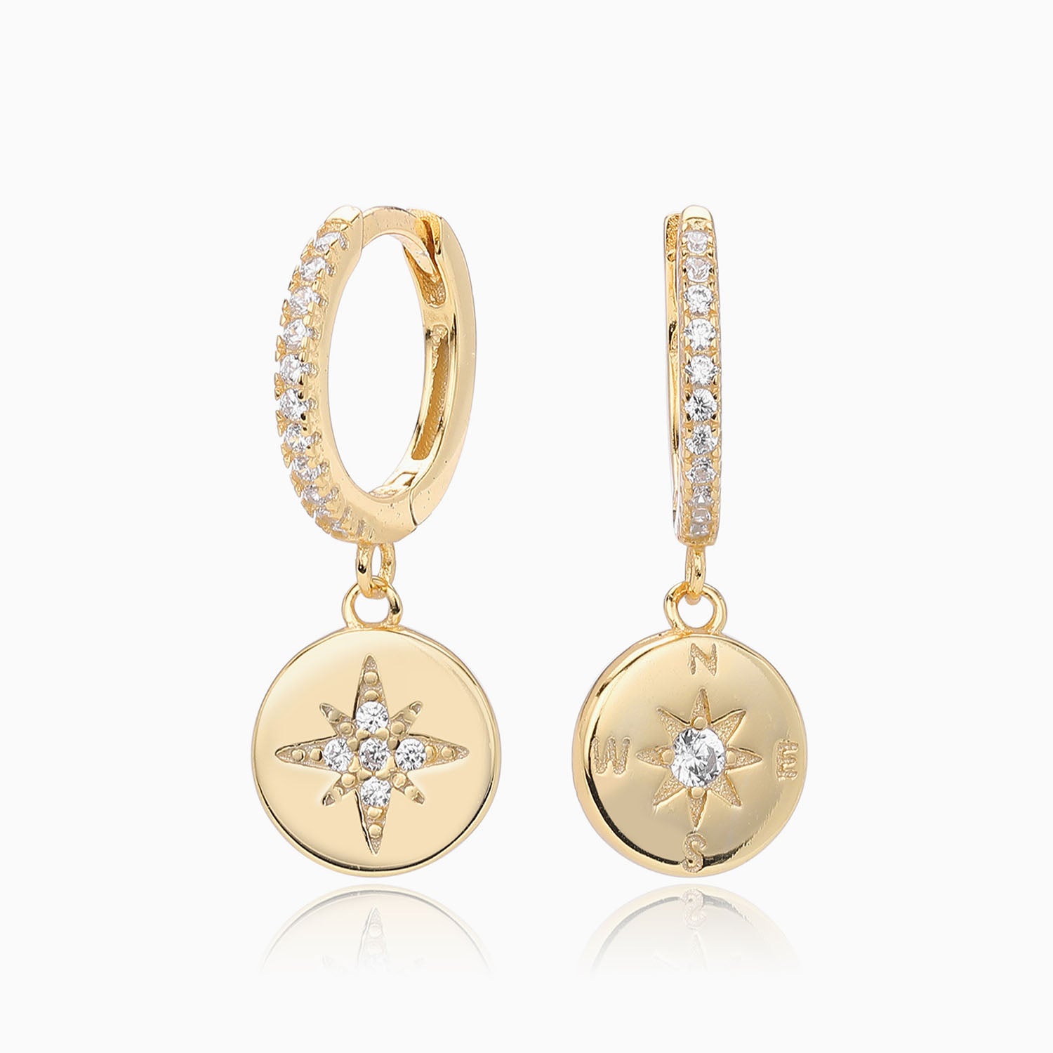 Pave Compass Drop Huggie Hoop Earrings - Gold