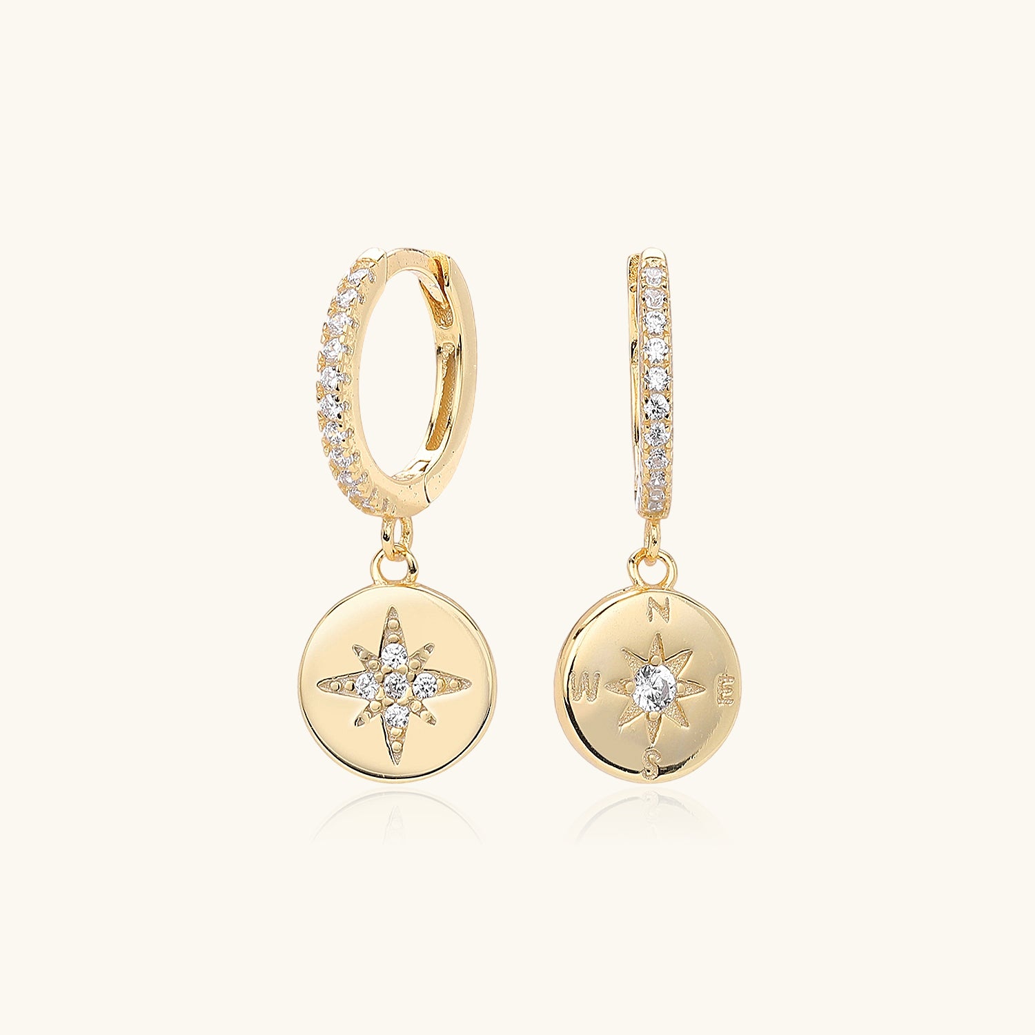 Pave Compass Drop Huggie Hoop Earrings - Gold