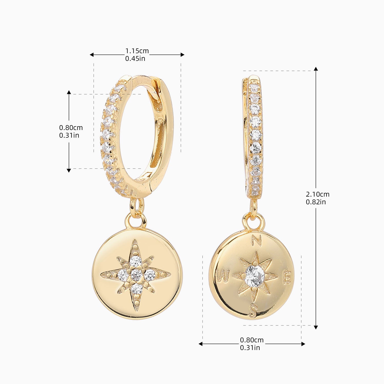 Pave Compass Drop Huggie Hoop Earrings - Gold