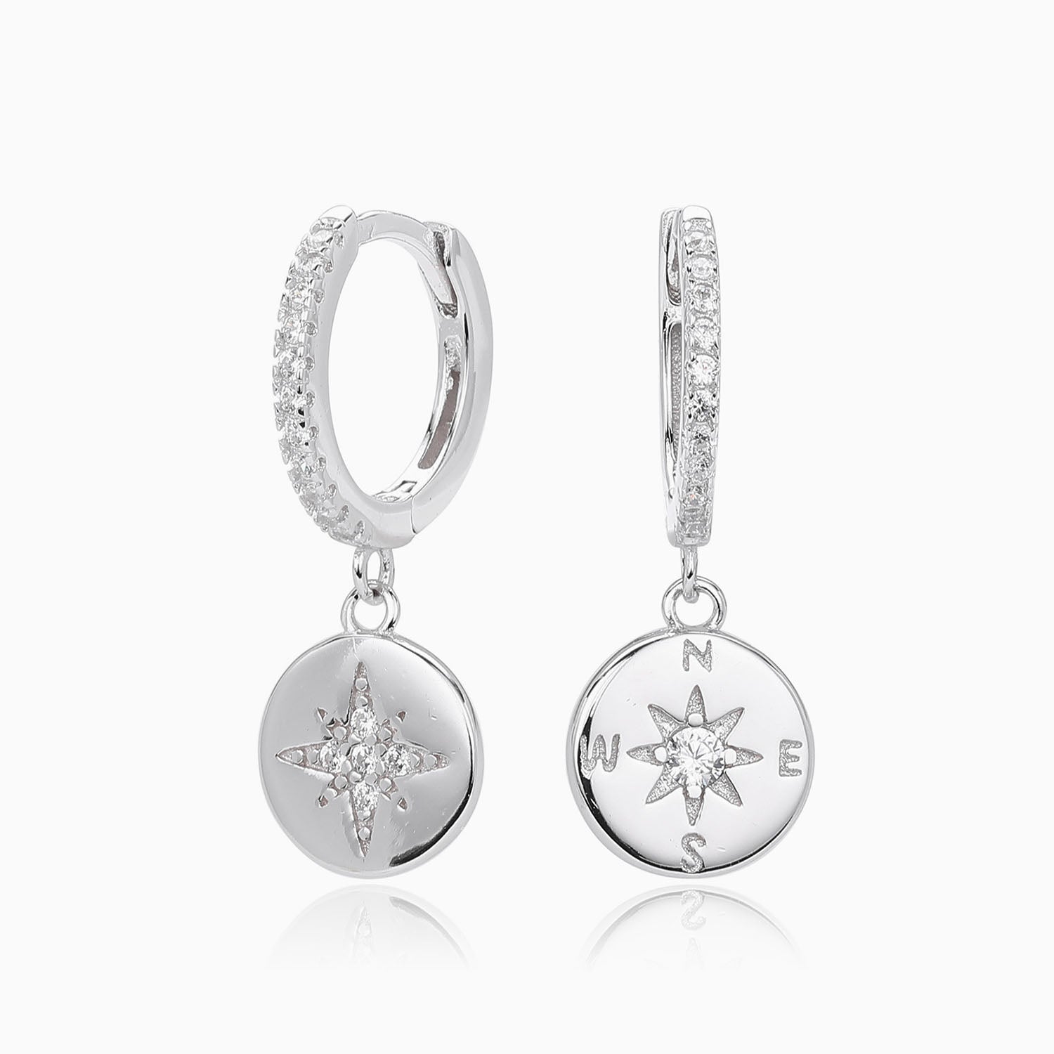 Pave Compass Drop Huggie Hoop Earrings - Silver
