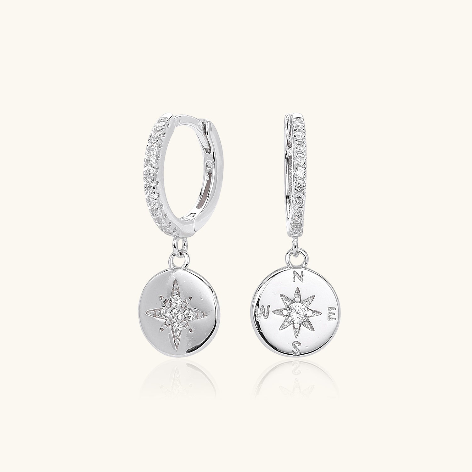 Pave Compass Drop Huggie Hoop Earrings - Silver