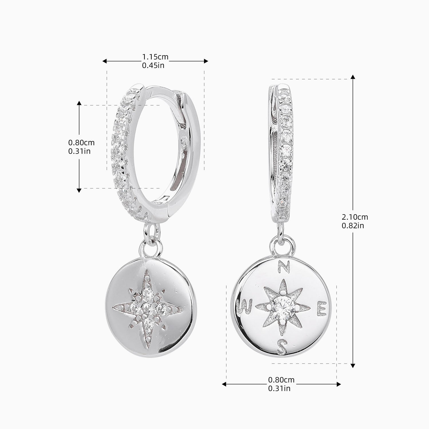 Pave Compass Drop Huggie Hoop Earrings - Silver