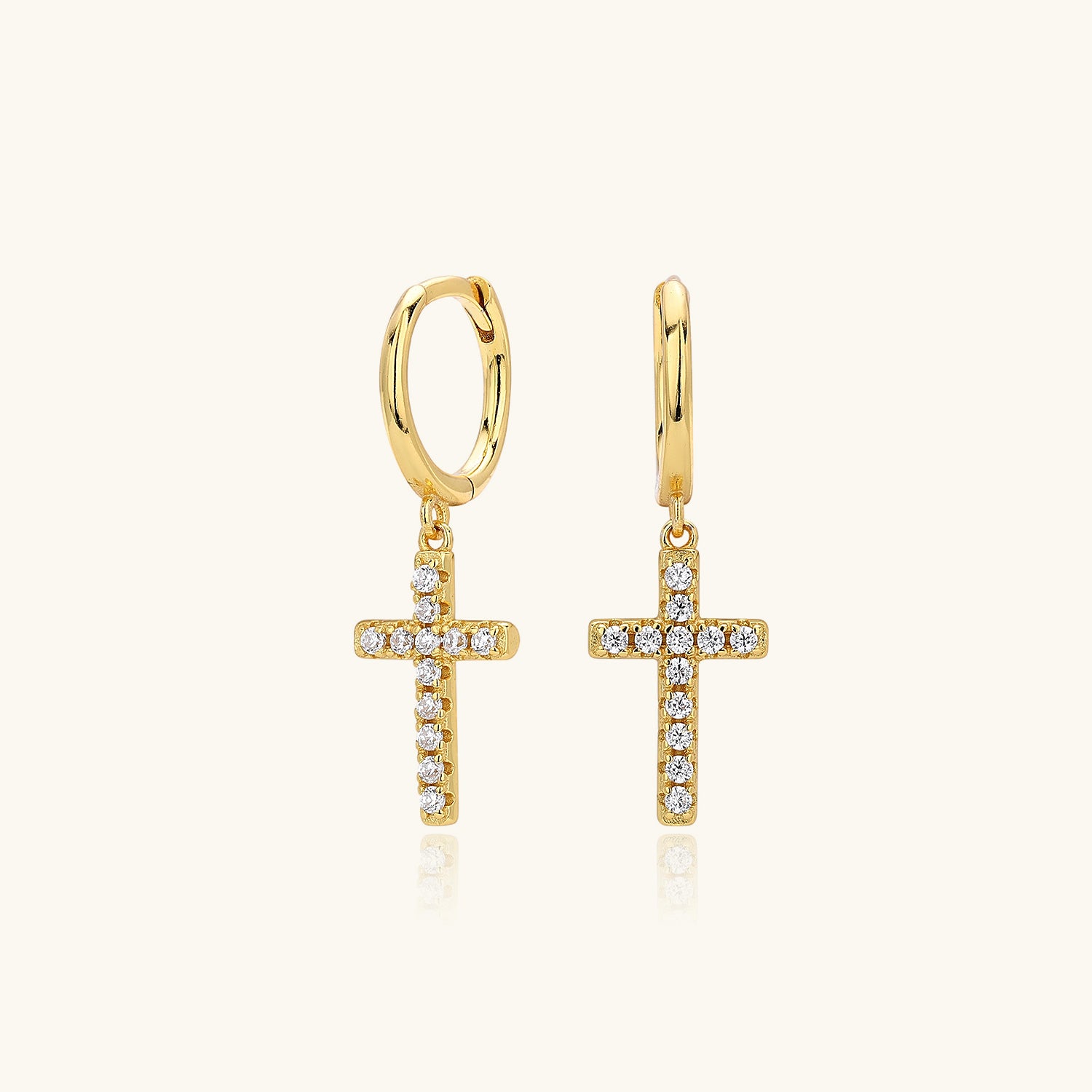 Pave Cross Drop Huggie Hoop Earrings - Gold