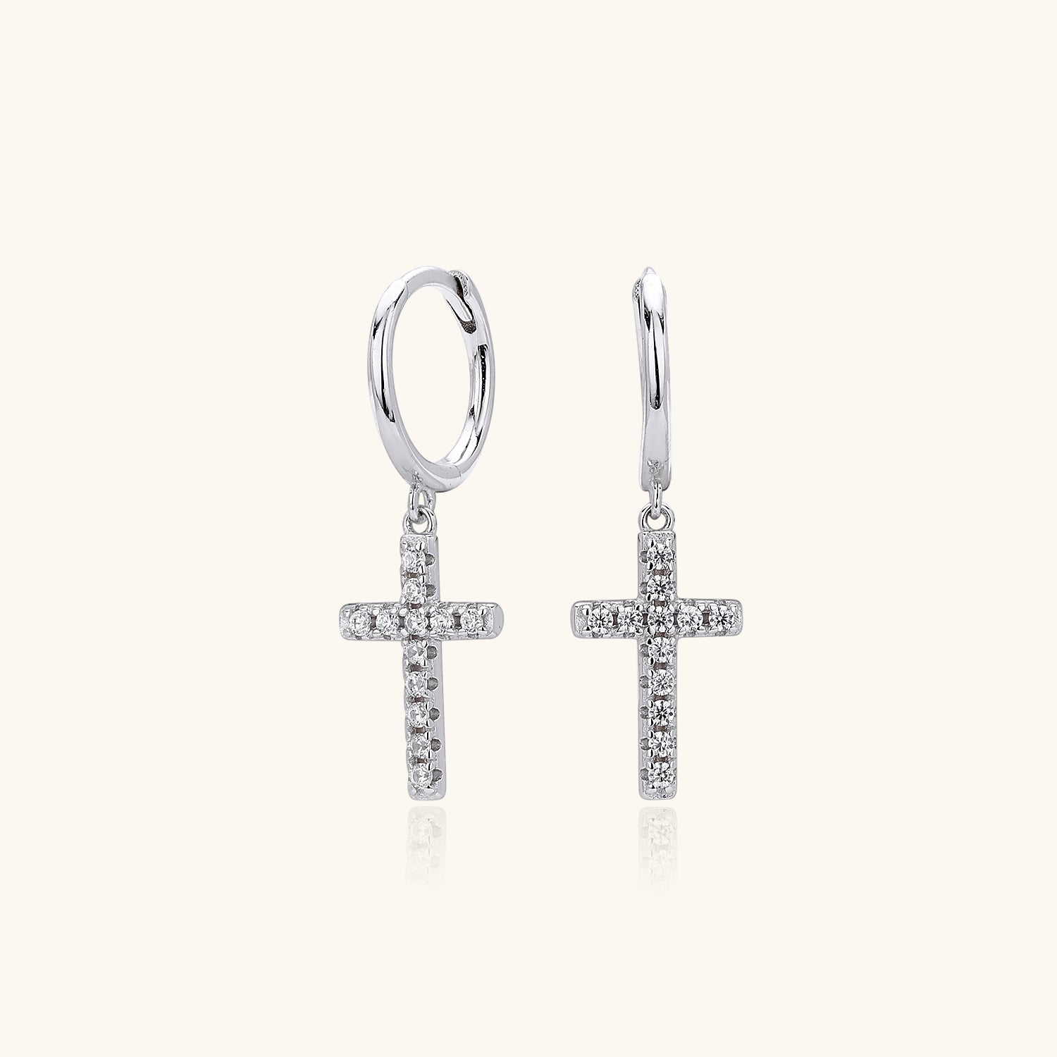 Pave Cross Drop Huggie Hoop Earrings - Silver