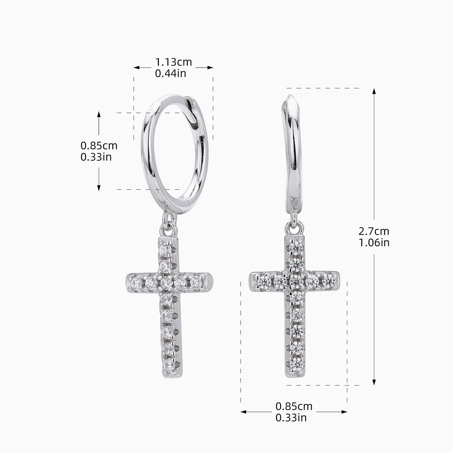 Pave Cross Drop Huggie Hoop Earrings - Silver
