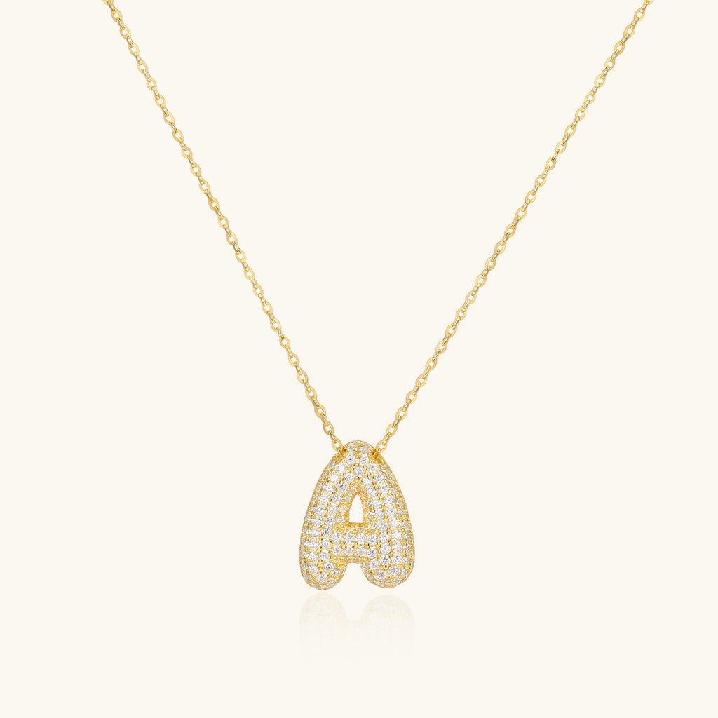 Pave Diamond Bubble Initial Necklace - Gold
