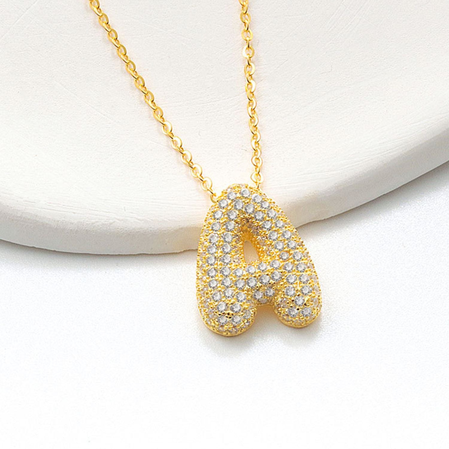 Pave Diamond Bubble Initial Necklace - Gold