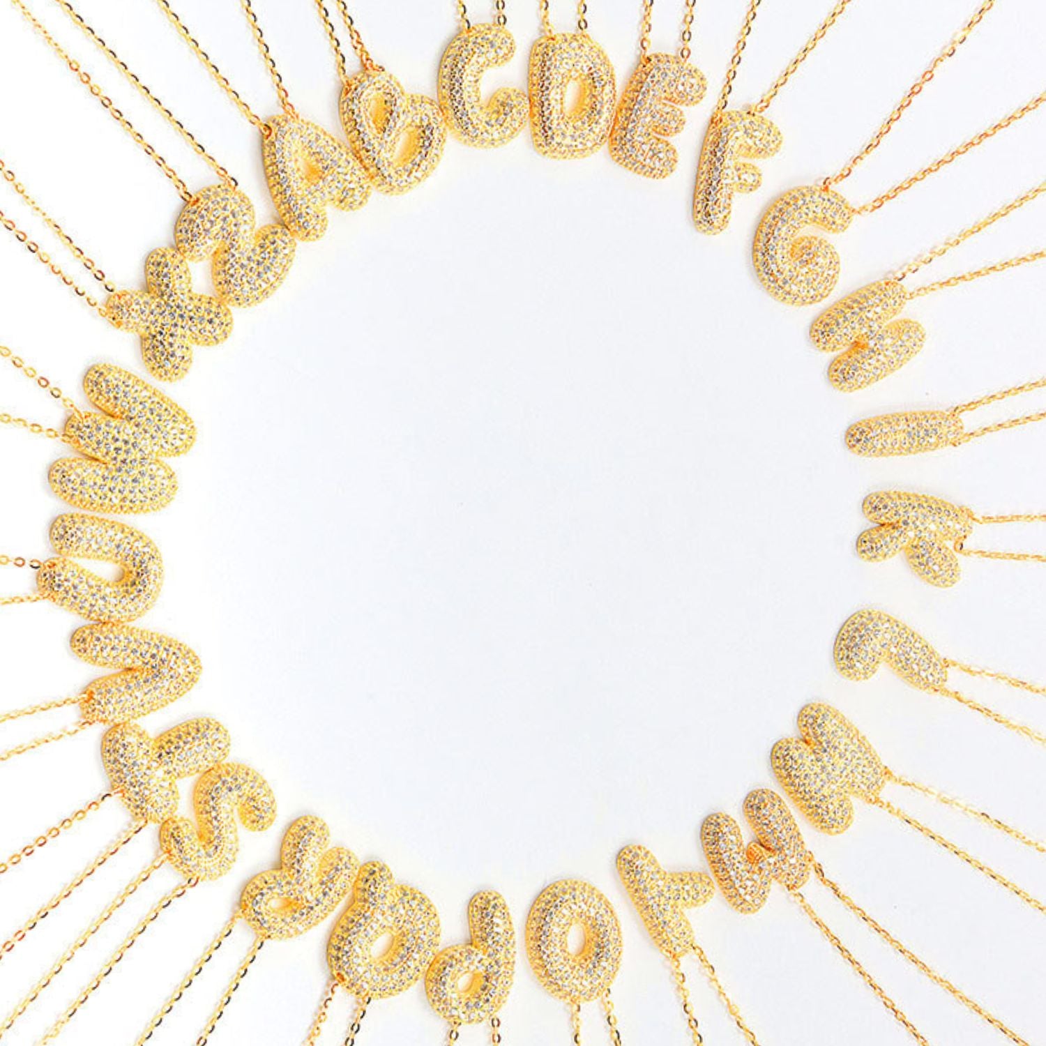 Pave Diamond Bubble Initial Necklace - Gold