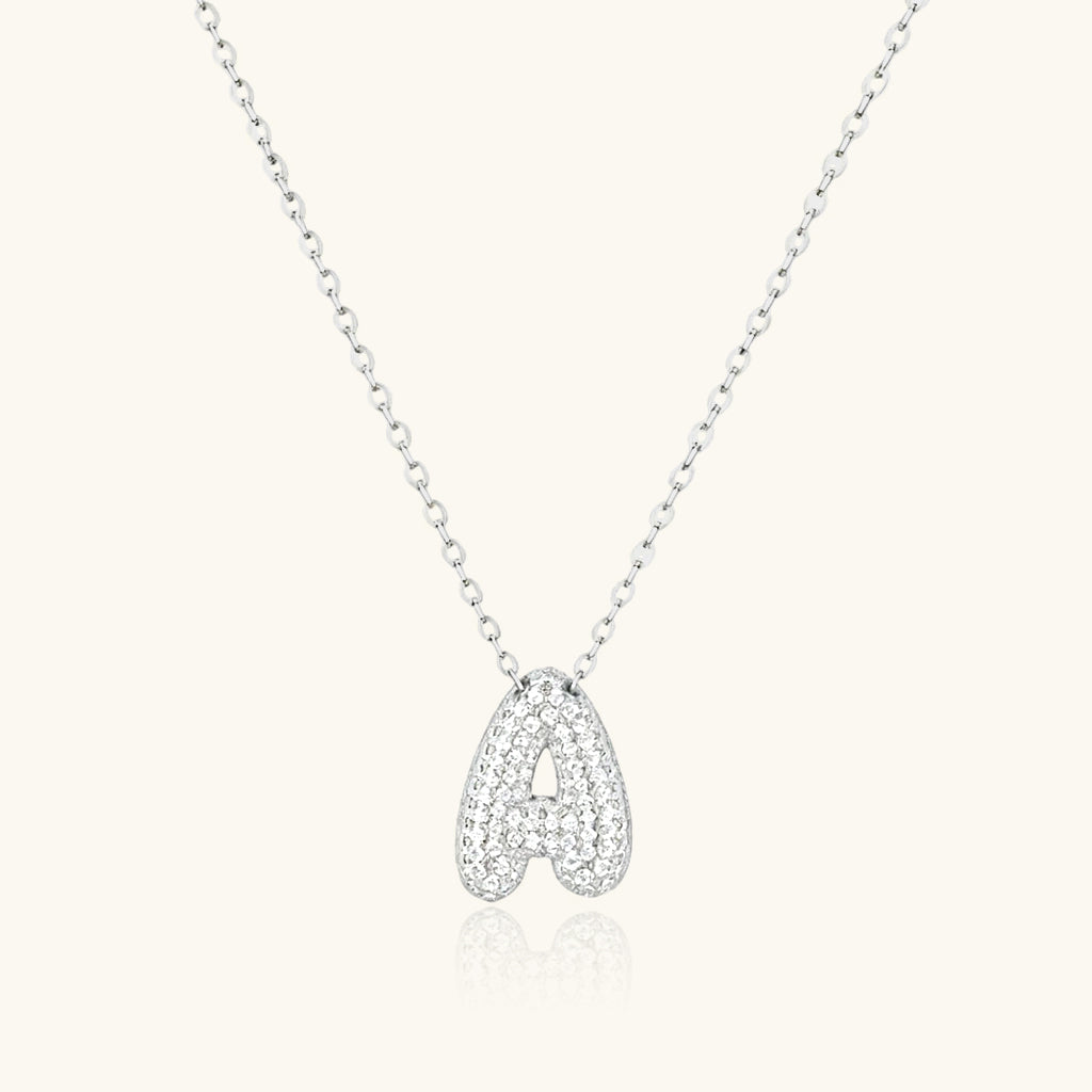 Pave Diamond Bubble Initial Necklace - Silver