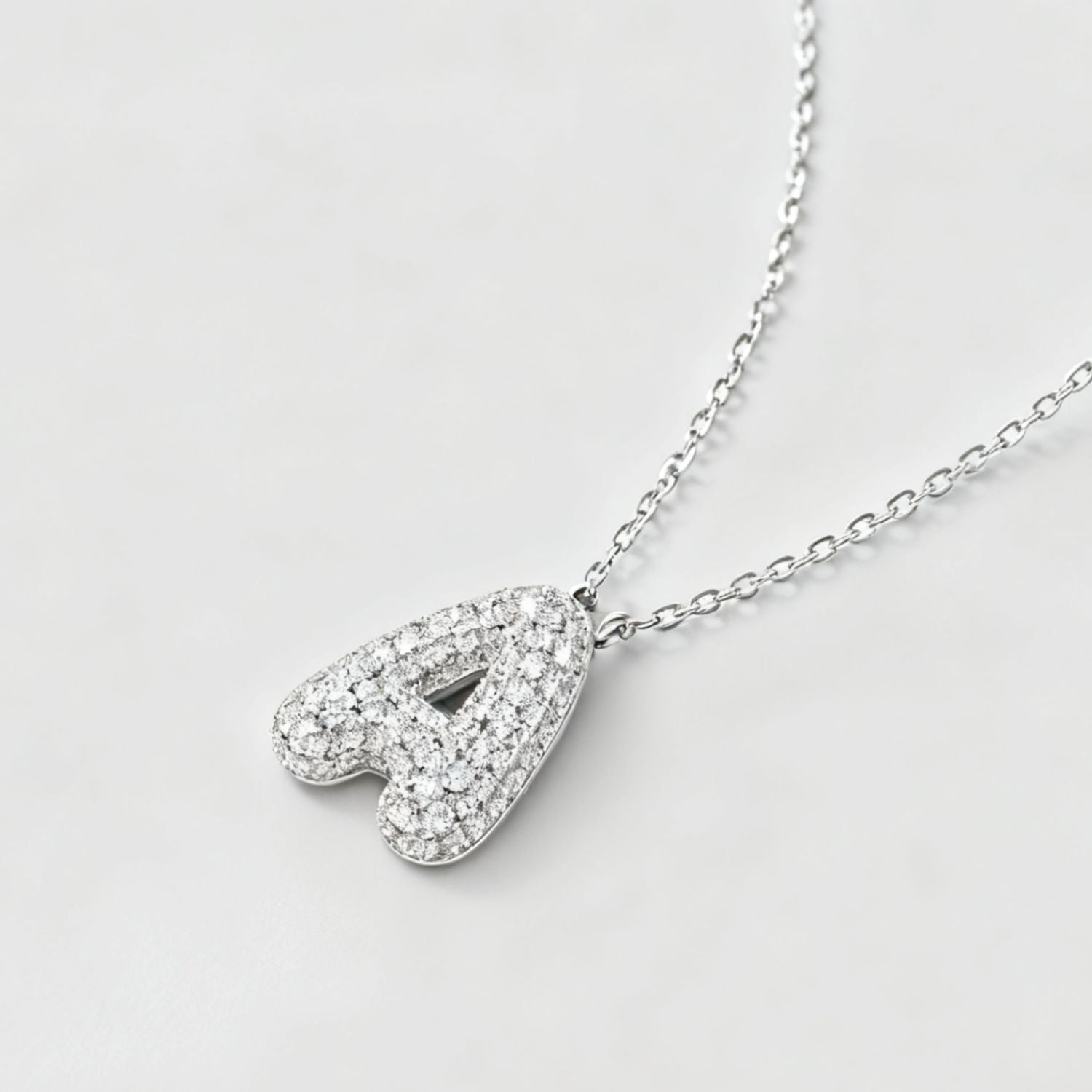 Pave Diamond Bubble Initial Necklace - Silver