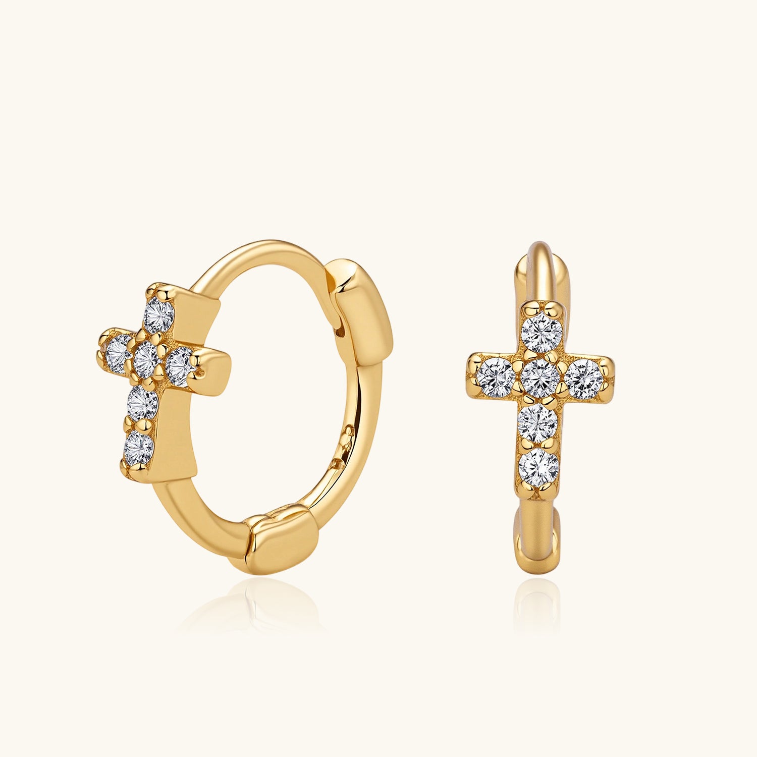 Pave Diamond Cross Huggie Hoop Earrings - Gold