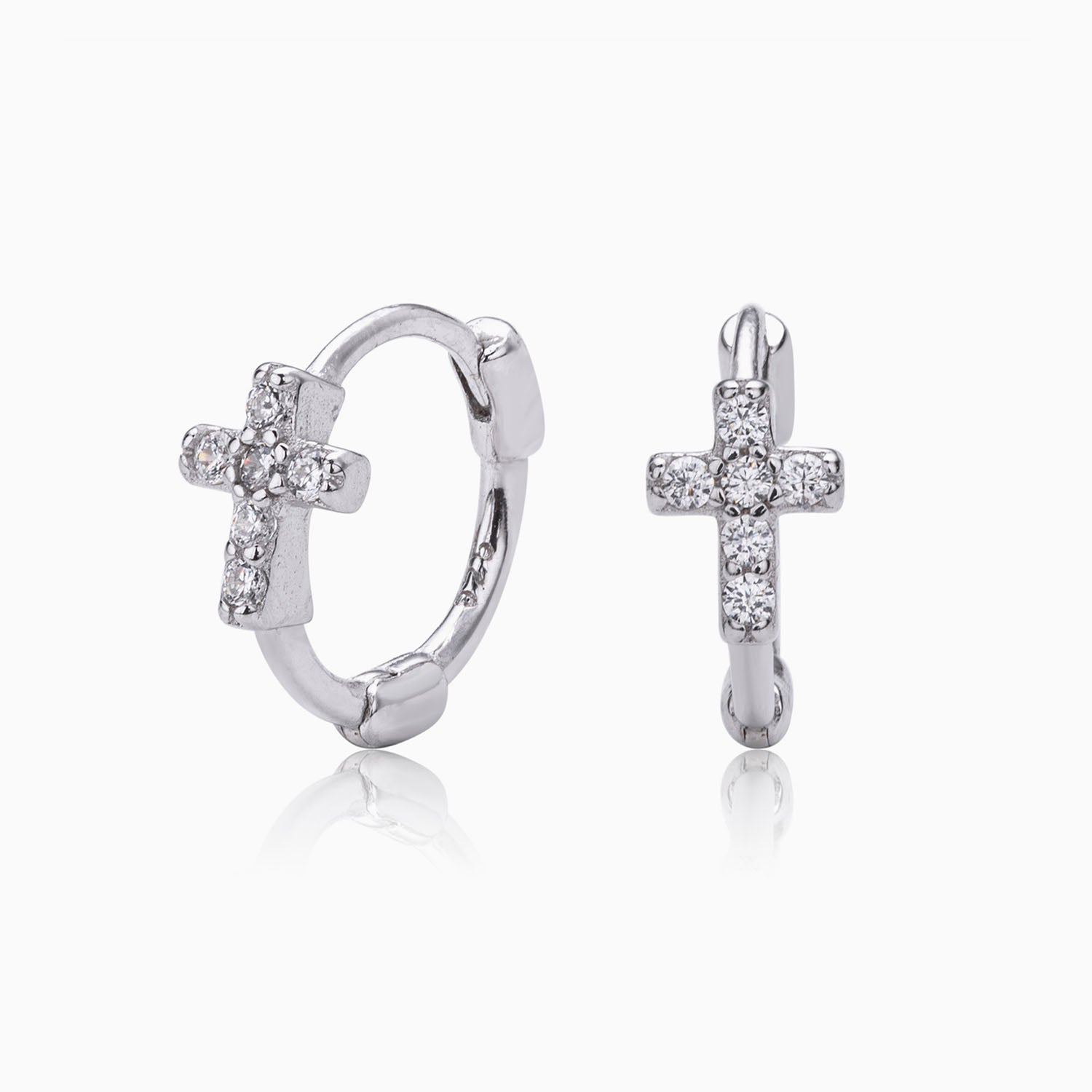 Pave Diamond Cross Huggie Hoop Earrings - Silver