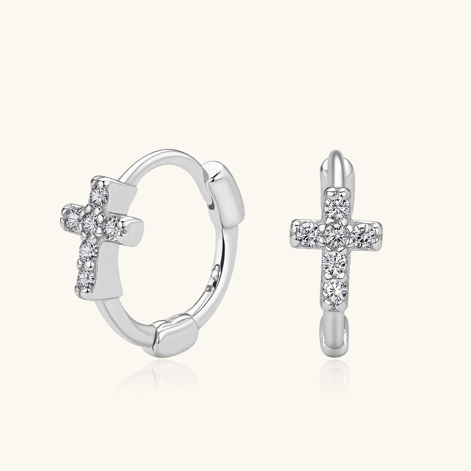 Pave Diamond Cross Huggie Hoop Earrings - Silver