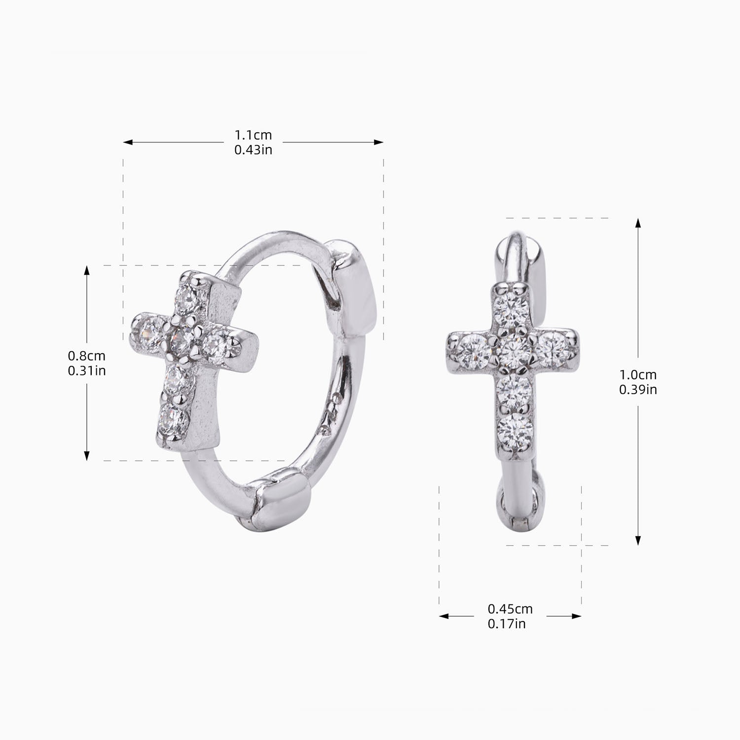 Pave Diamond Cross Huggie Hoop Earrings - Silver