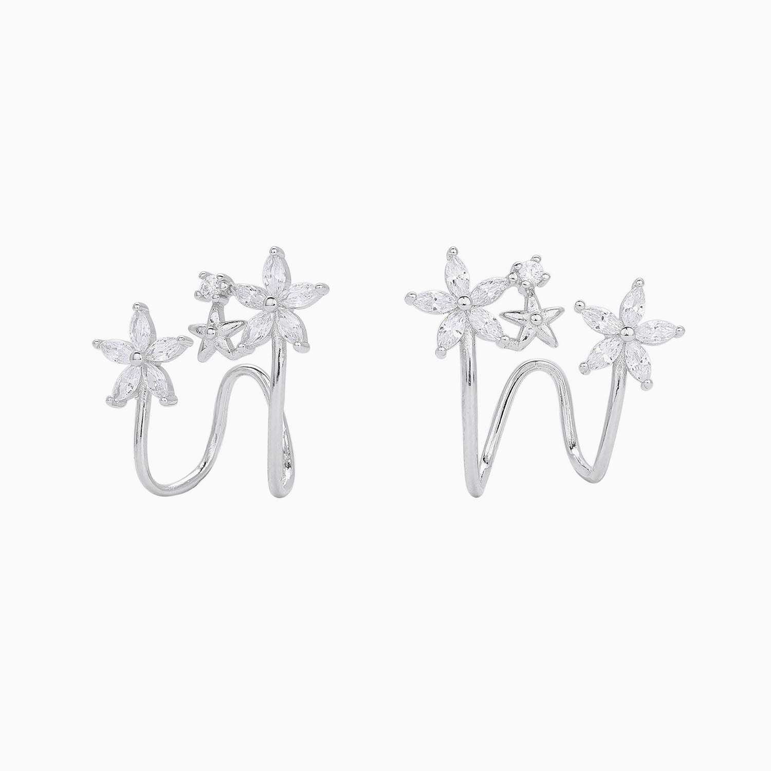 Pave Diamond Floral Ear Cuff Earrings - Silver