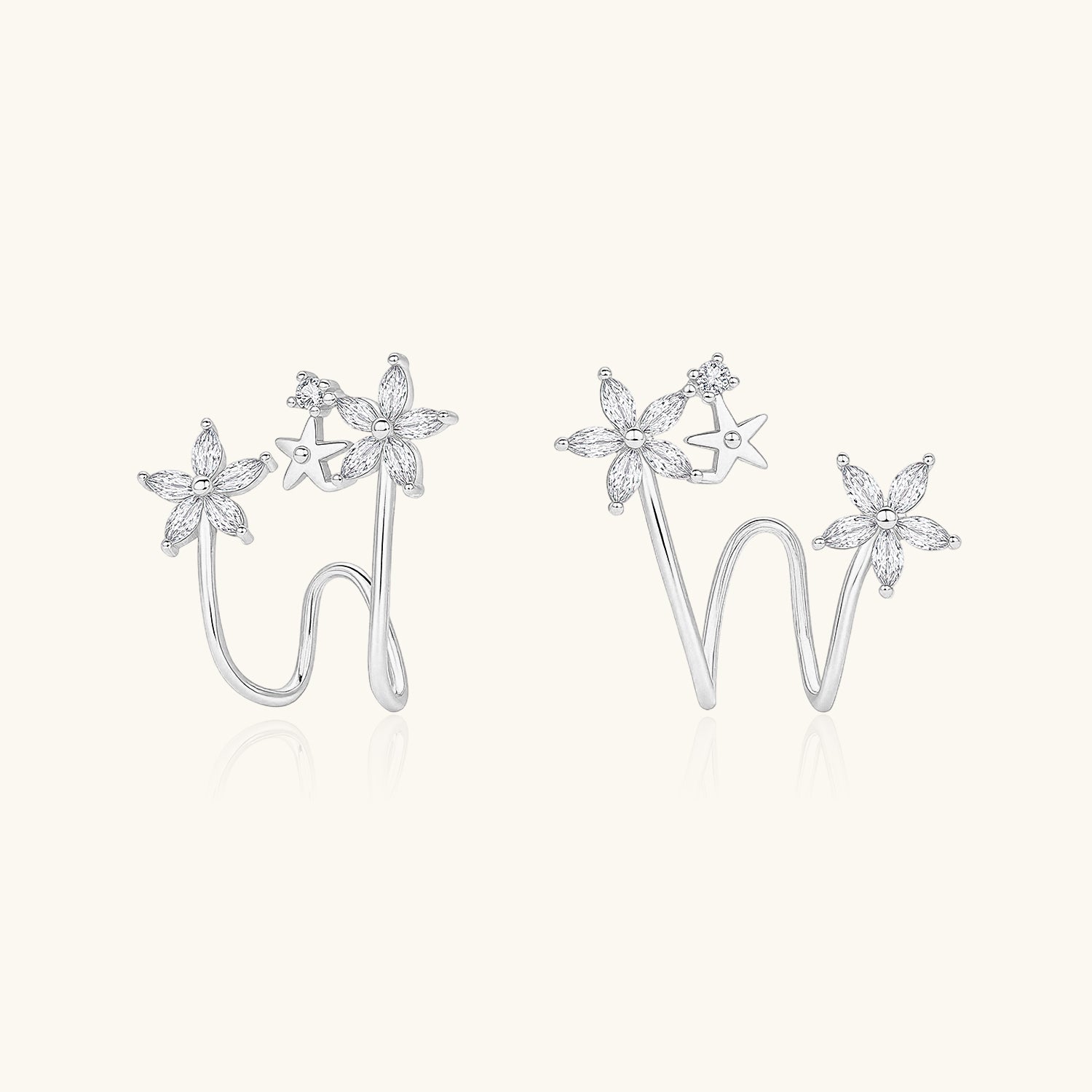 Pave Diamond Floral Ear Cuff Earrings - Silver