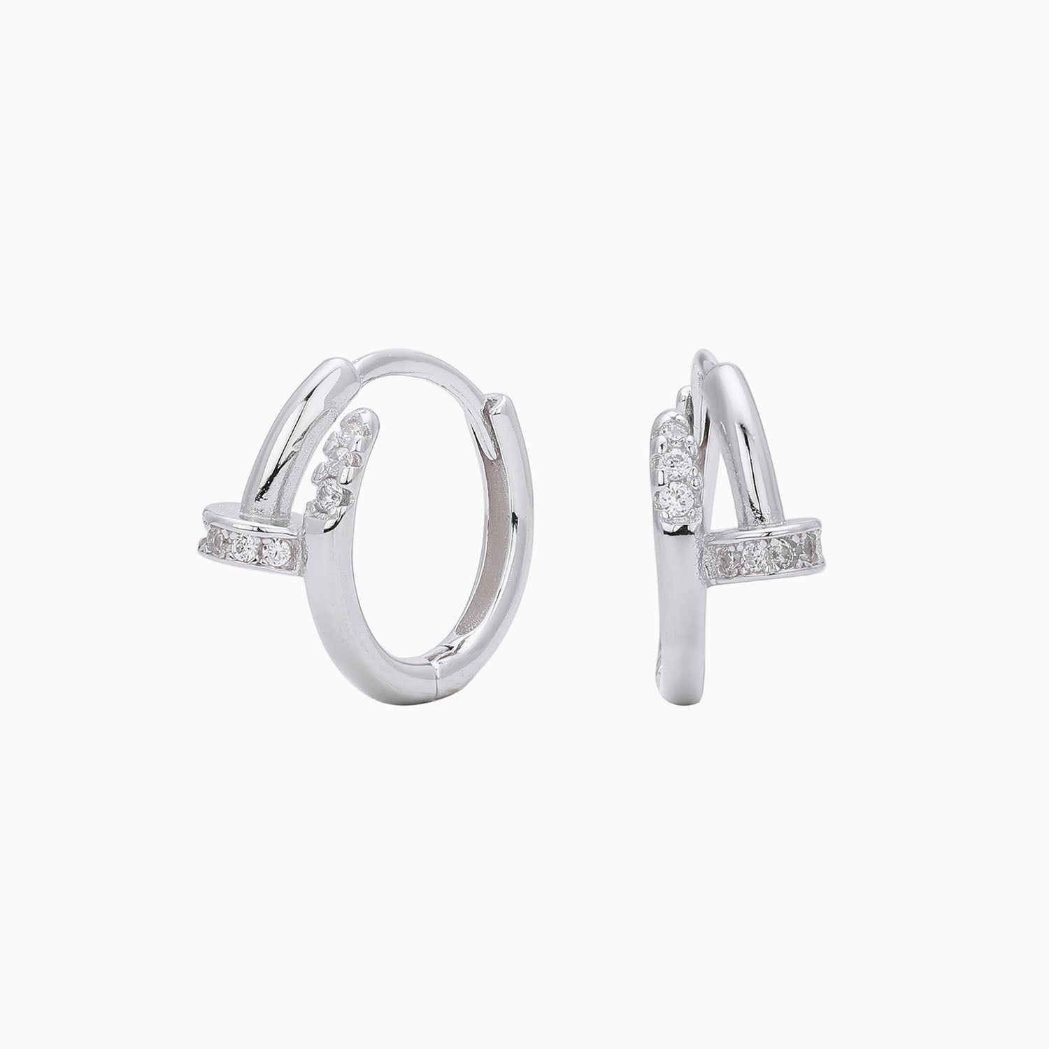 Pave Diamond Nail Huggie Hoop Earrings - Silver