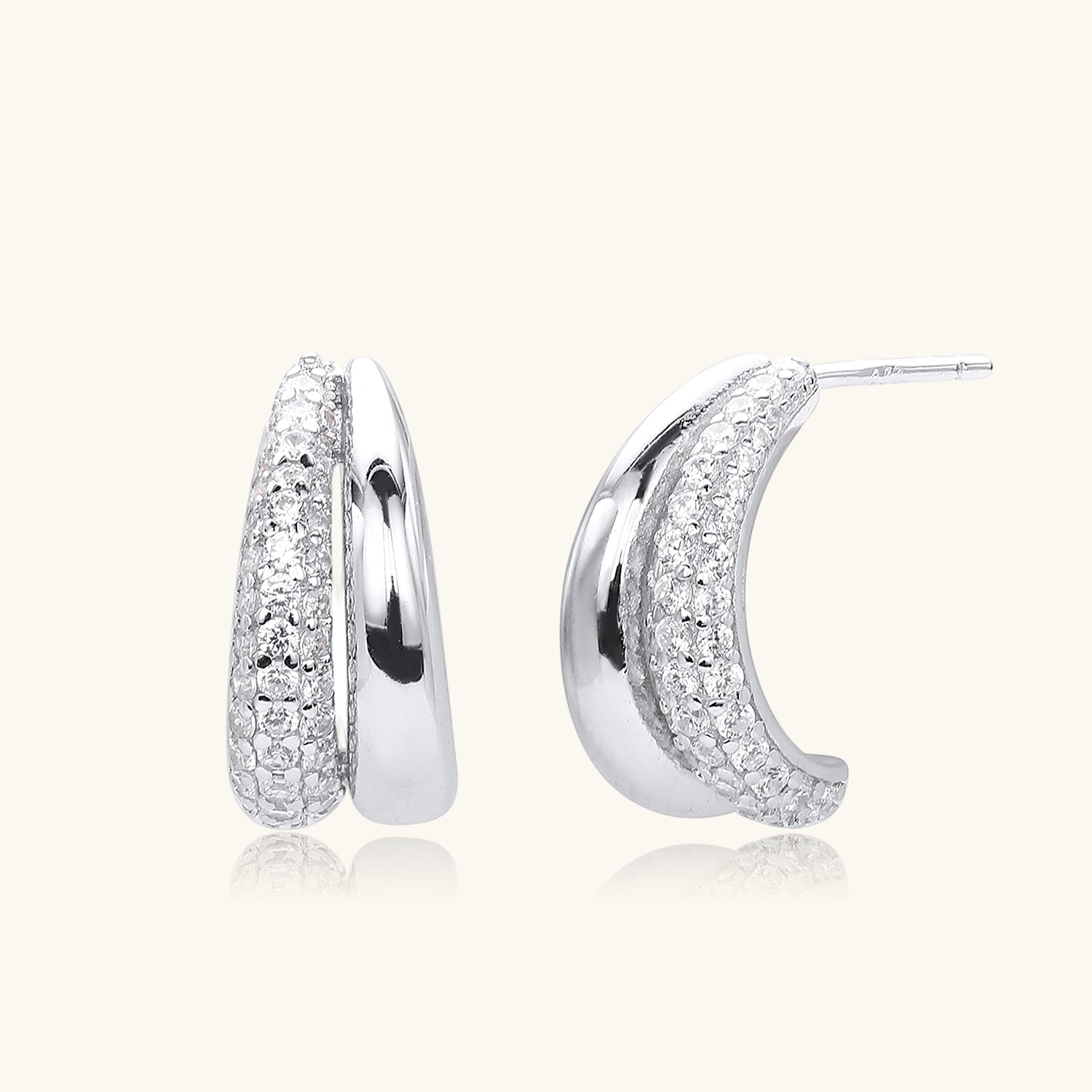 Pave Double C Hoop Illusion Earrings - Silver