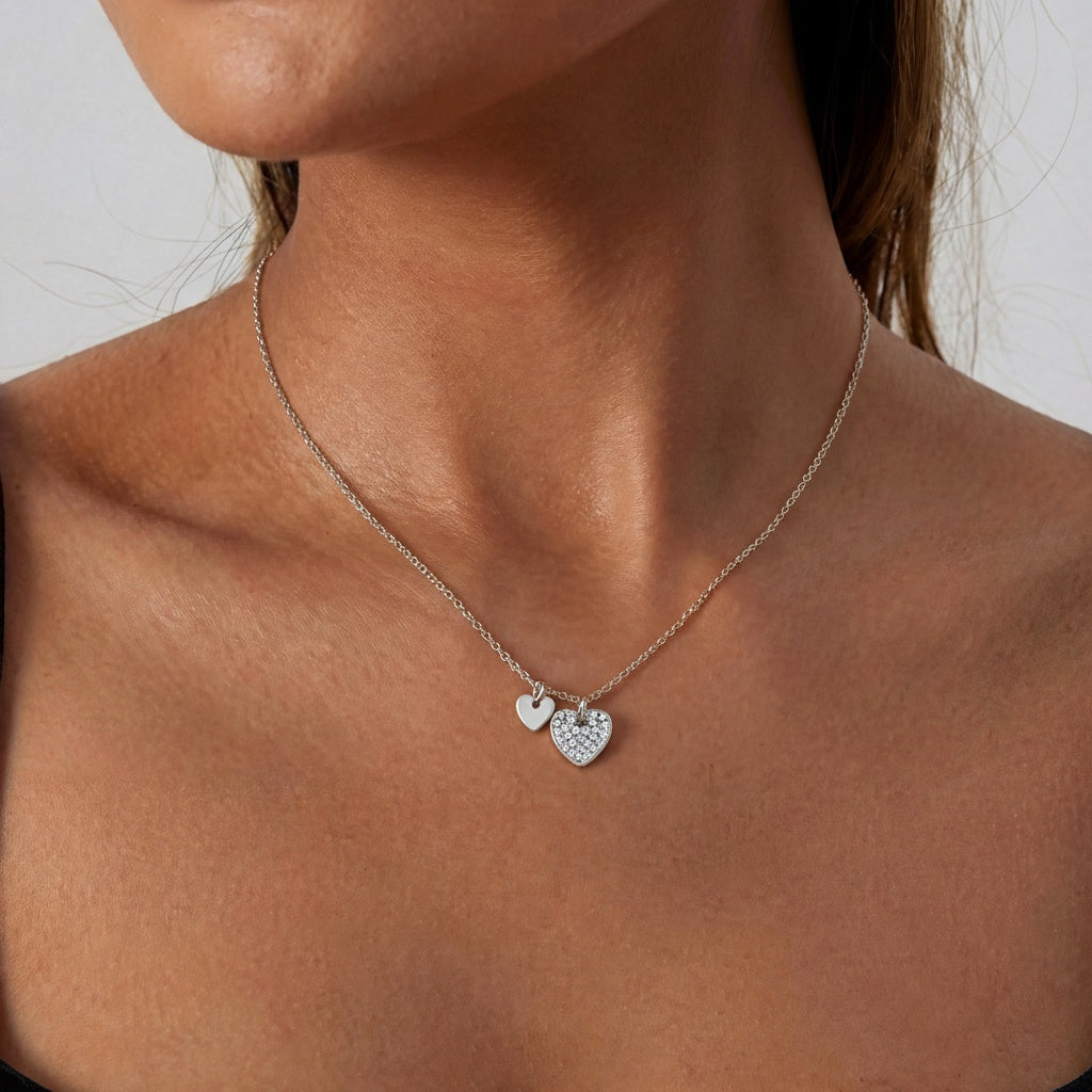 Pave Double Heart Necklace - Silver