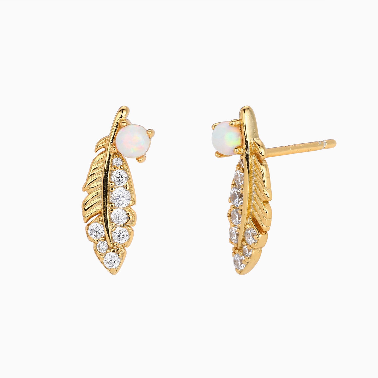 Pave Feather Opal Stud Earrings - Gold