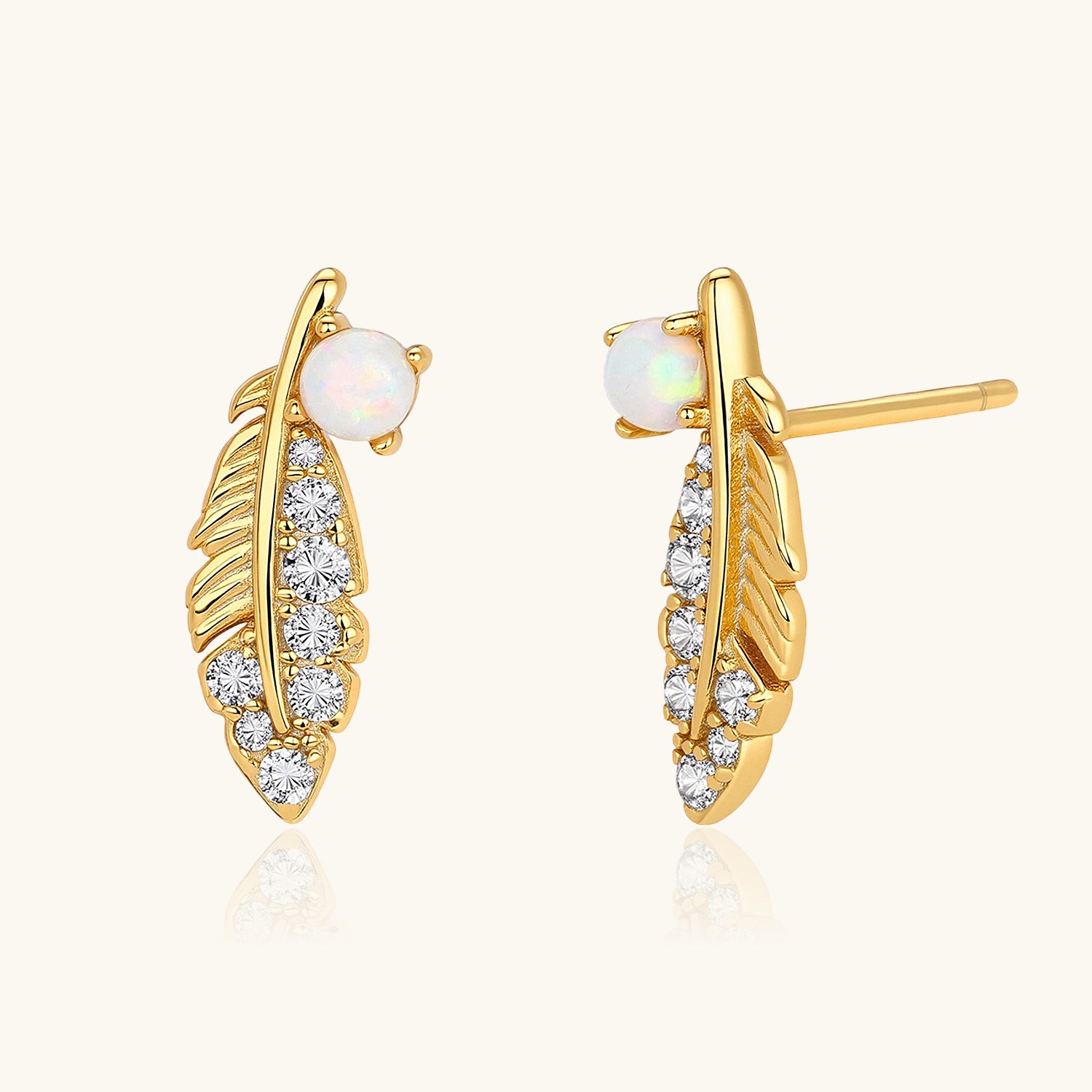 Pave Feather Opal Stud Earrings - Gold