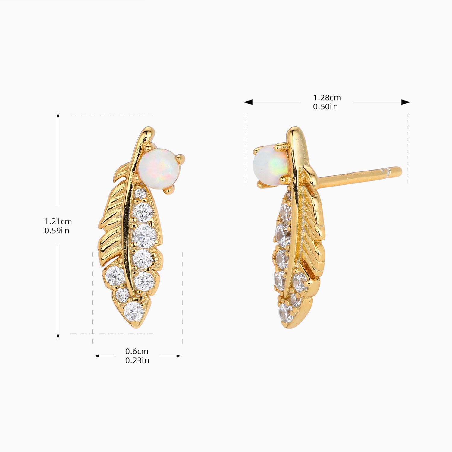 Pave Feather Opal Stud Earrings - Gold