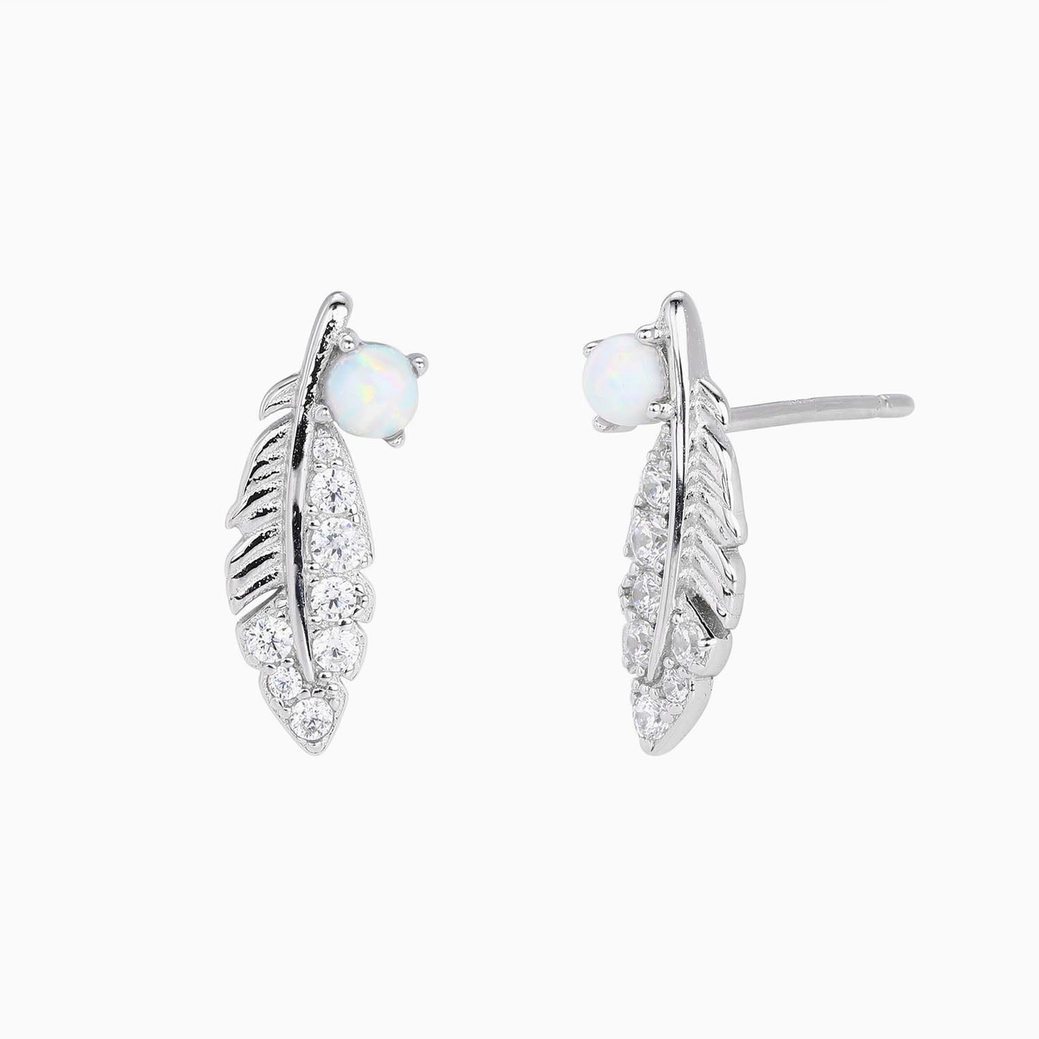 Pave Feather Opal Stud Earrings - Silver