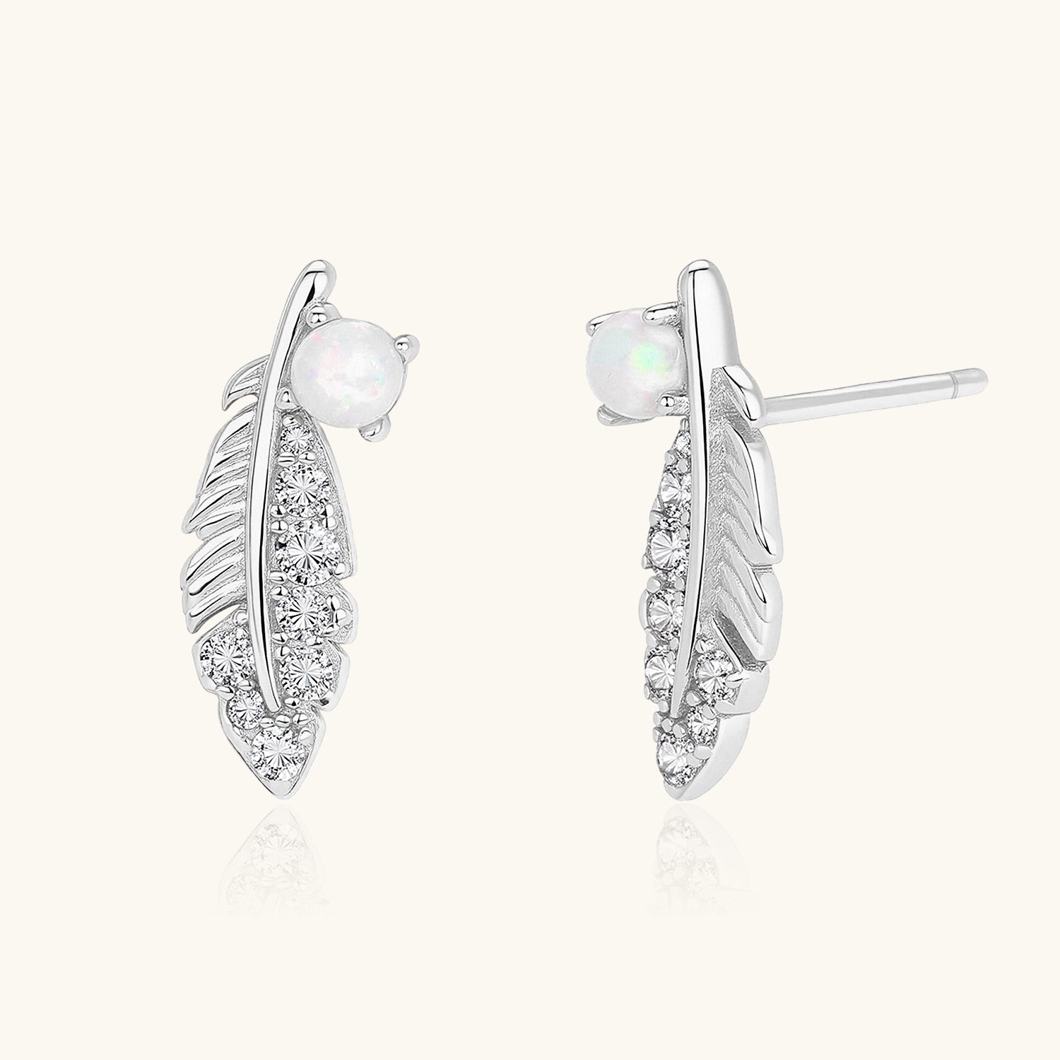 Pave Feather Opal Stud Earrings - Silver