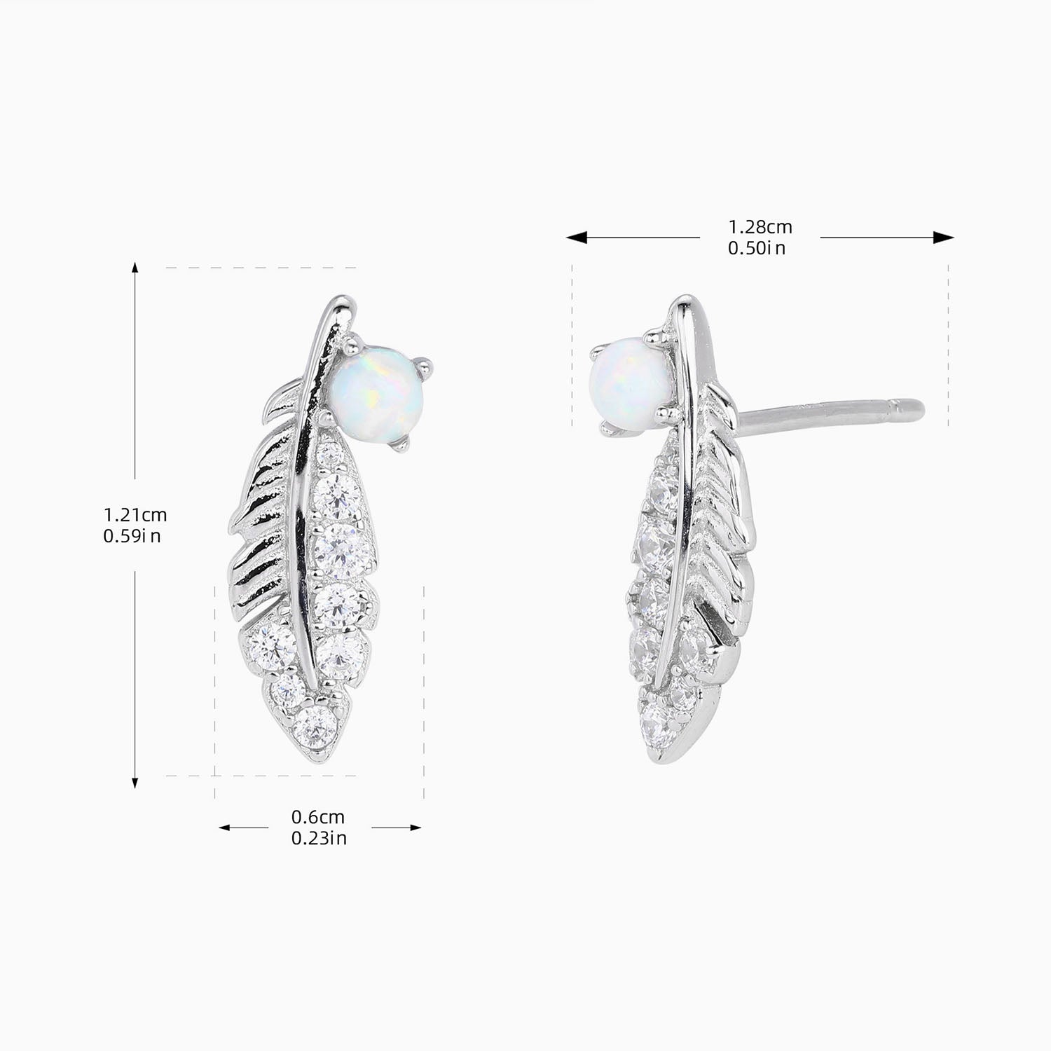 Pave Feather Opal Stud Earrings - Silver