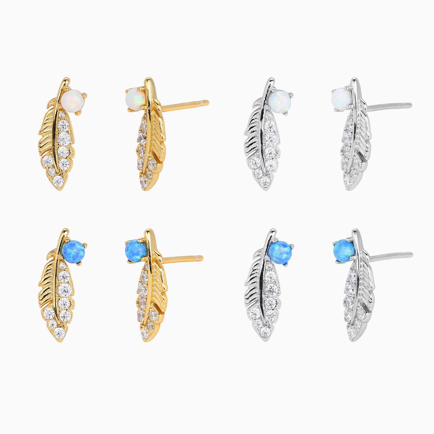 Pave Feather Opal Stud Earrings - Silver