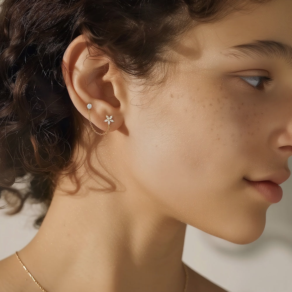 Pave Floral Cluster Chain Stud Earrings - Gold