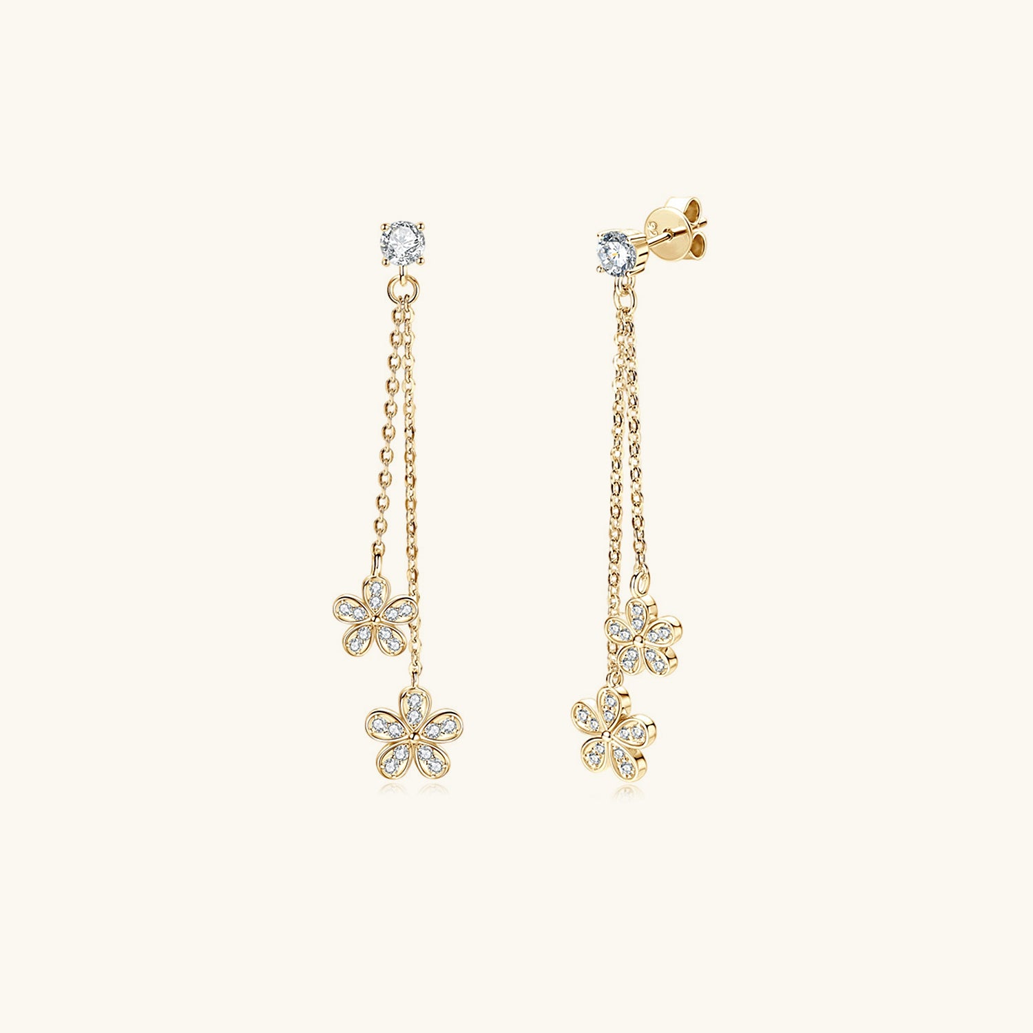 Pave Flower Chain Drop Moissanite Earrings - Gold