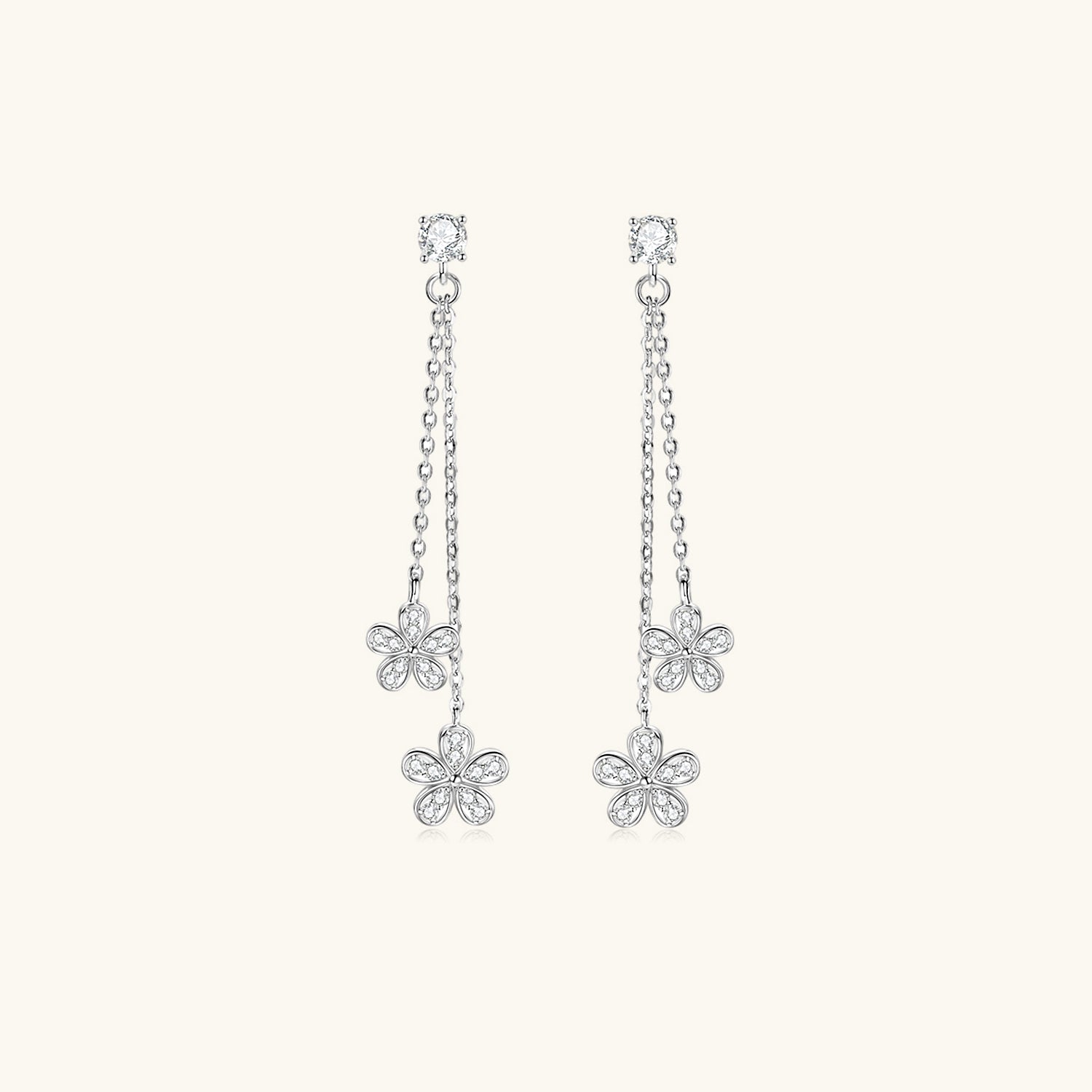 Pave Flower Chain Drop Moissanite Earrings - Silver