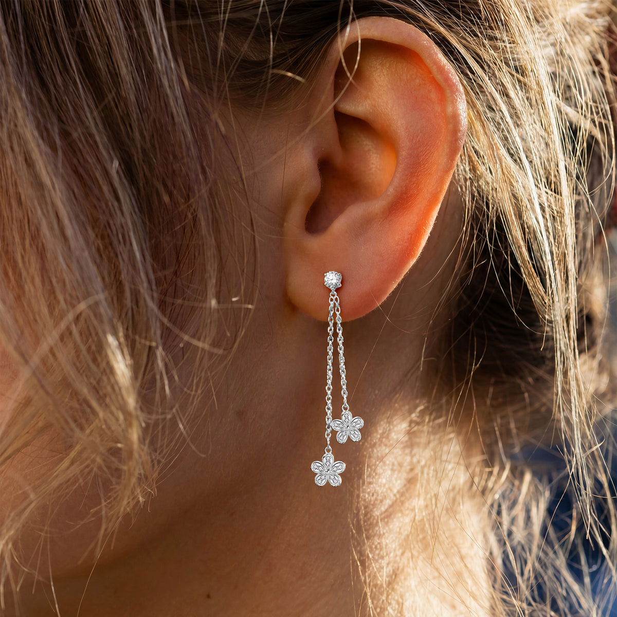 Pave Flower Chain Drop Moissanite Earrings - Silver