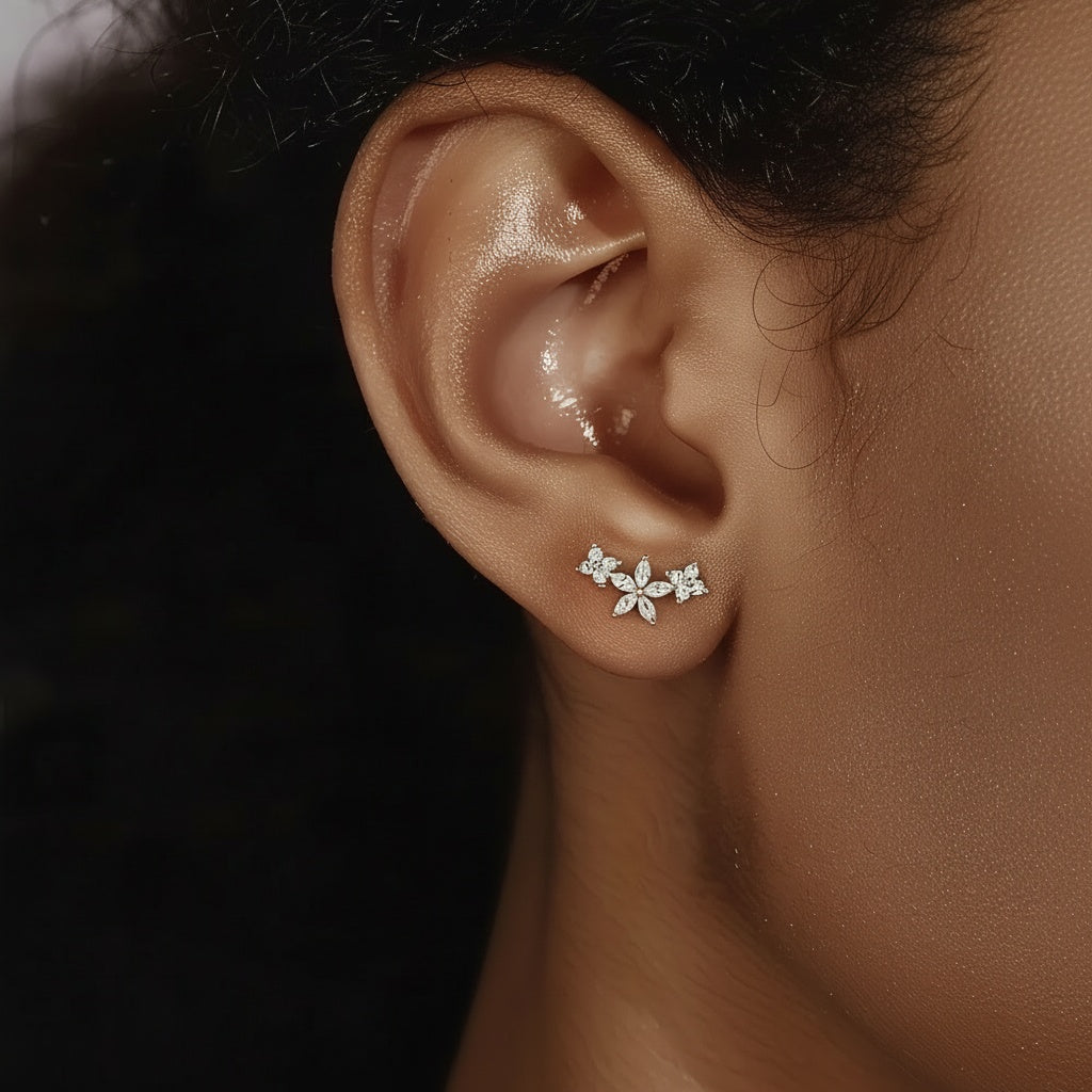 Pave Flower Cluster Illusion Earrings - Gold