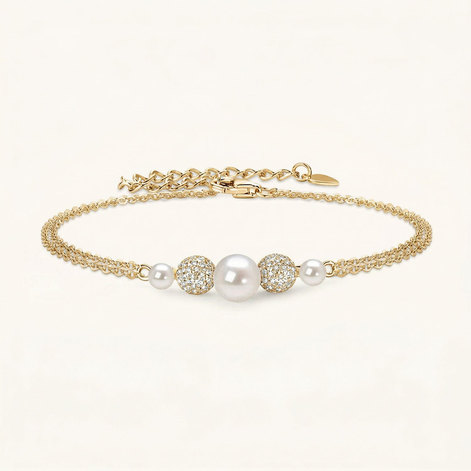 Pave Freshwater Pearl Double Chain Bracelet - Gold